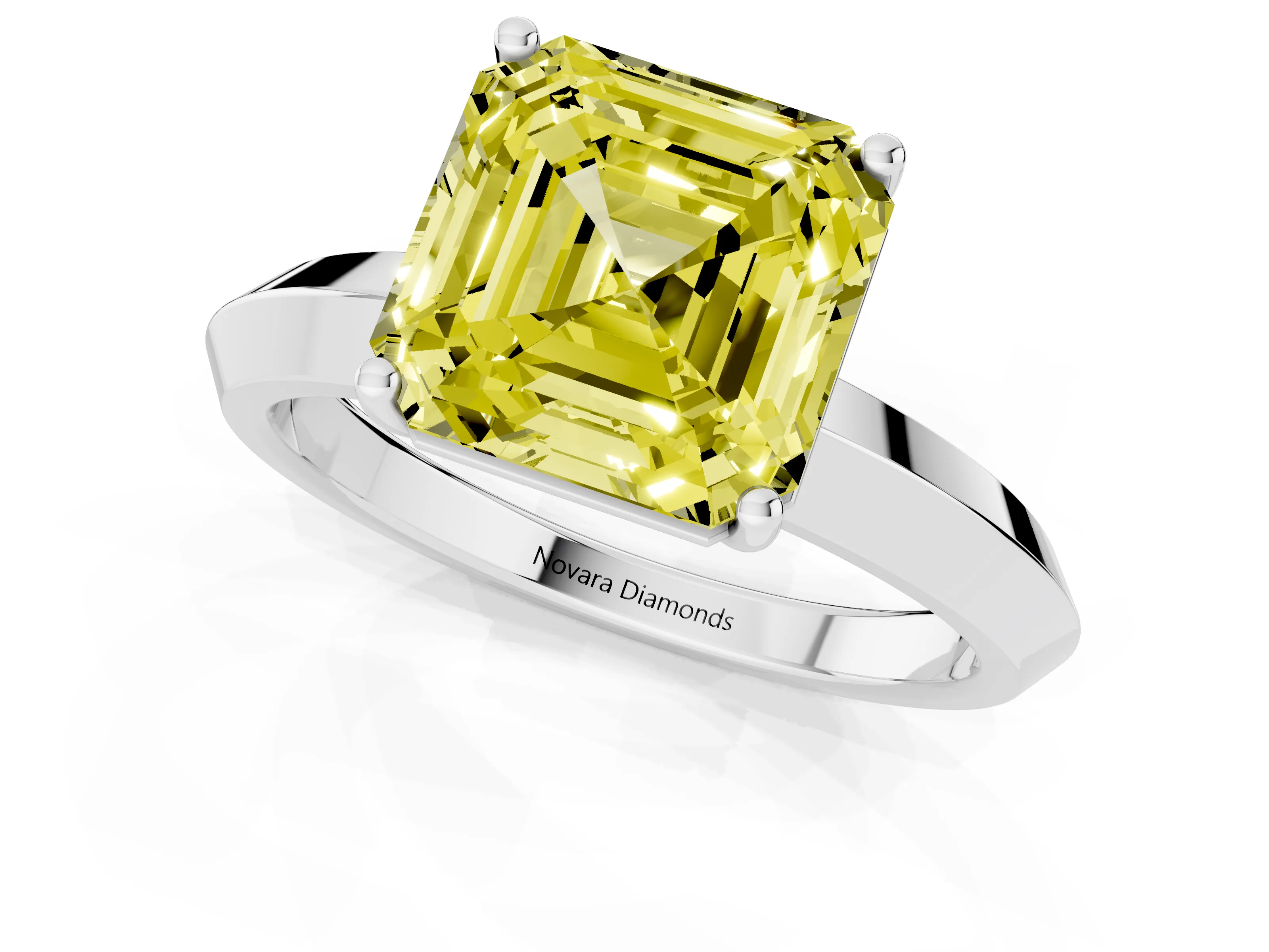 Fancy Yellow Asscher Cut Diamond Solitaire Engagement Ring Set in Silver with Flat Band and Prong Setting