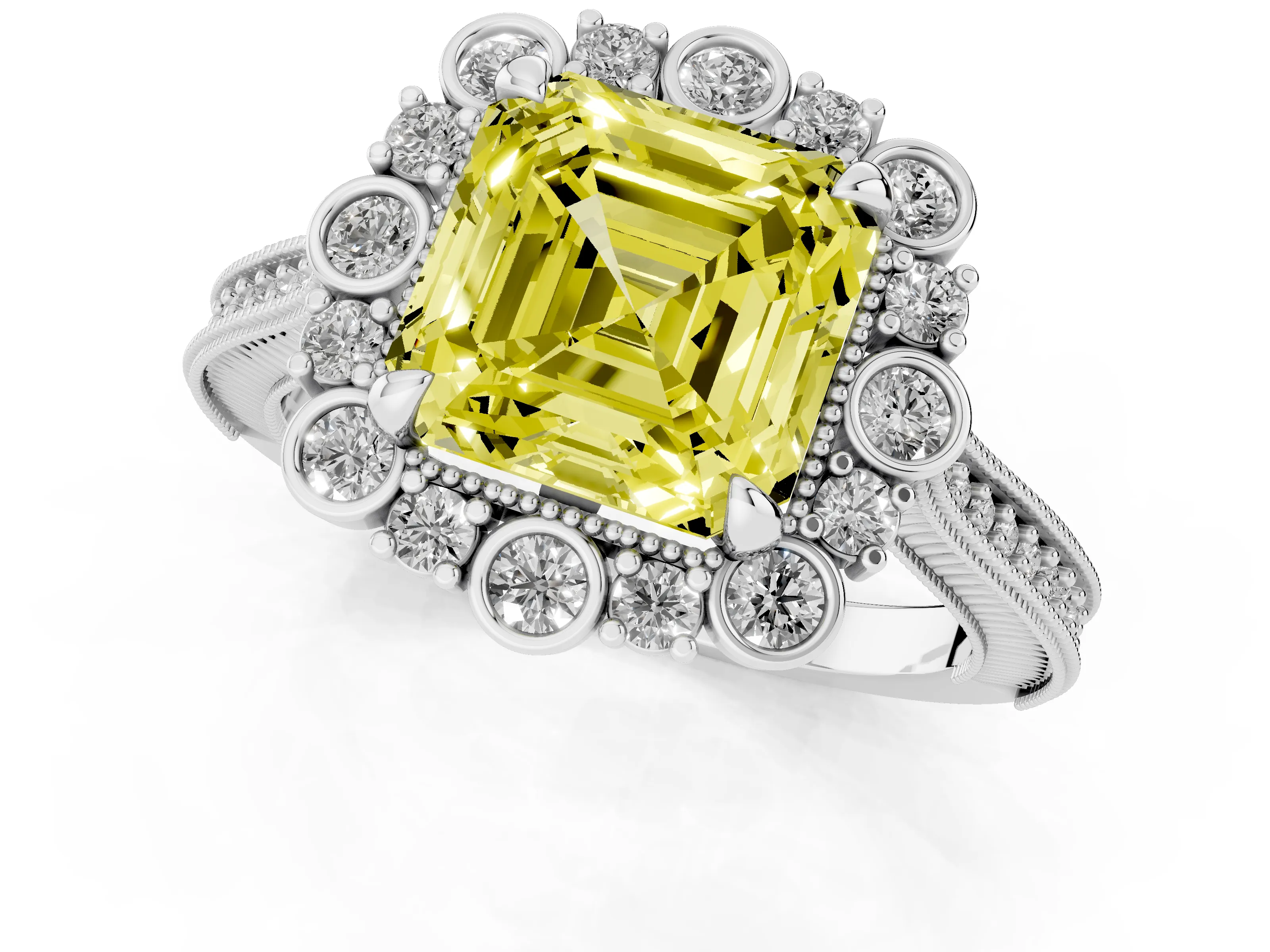 Fancy Yellow Asscher Cut Diamond Halo Milgrain Pavé Ring Set in Silver with Prong Setting