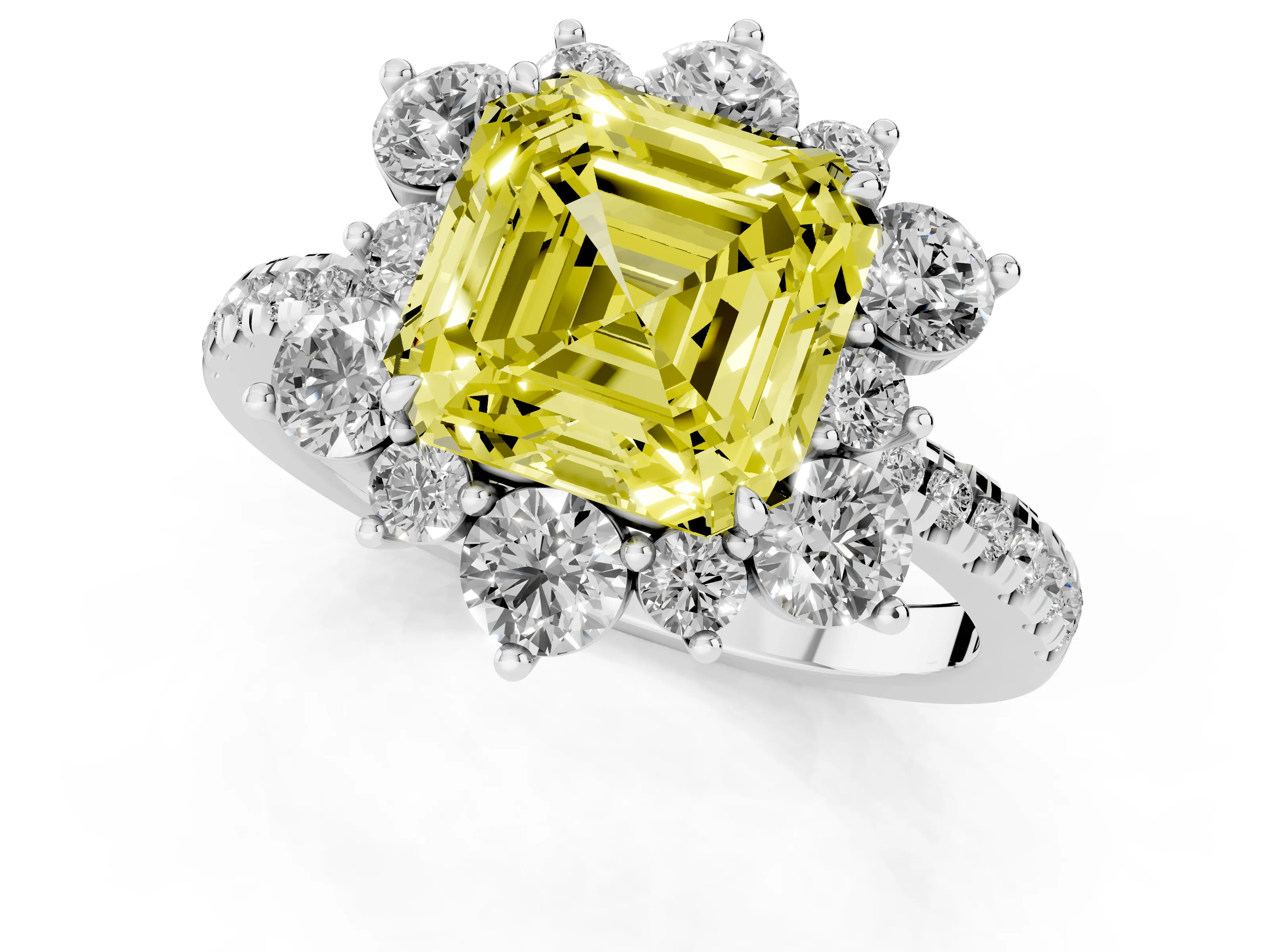 Fancy Yellow Asscher Cut Diamond Floral Halo Ring Set in White gold with Round Pavé Band and Prong Setting