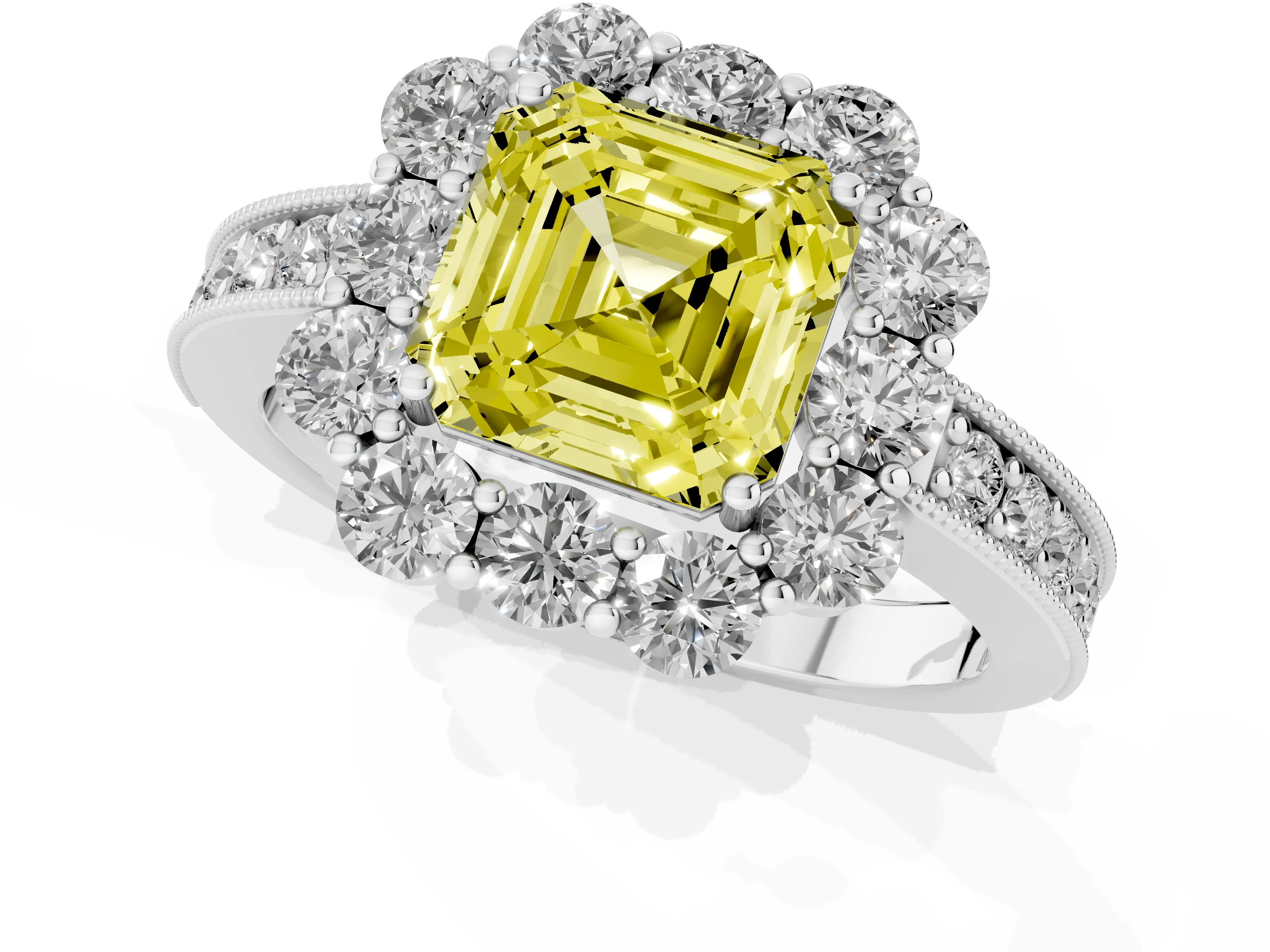Fancy Yellow Asscher Cut Diamond Halo Pavé Engagement Ring Set in White gold with Milgrain Detailing