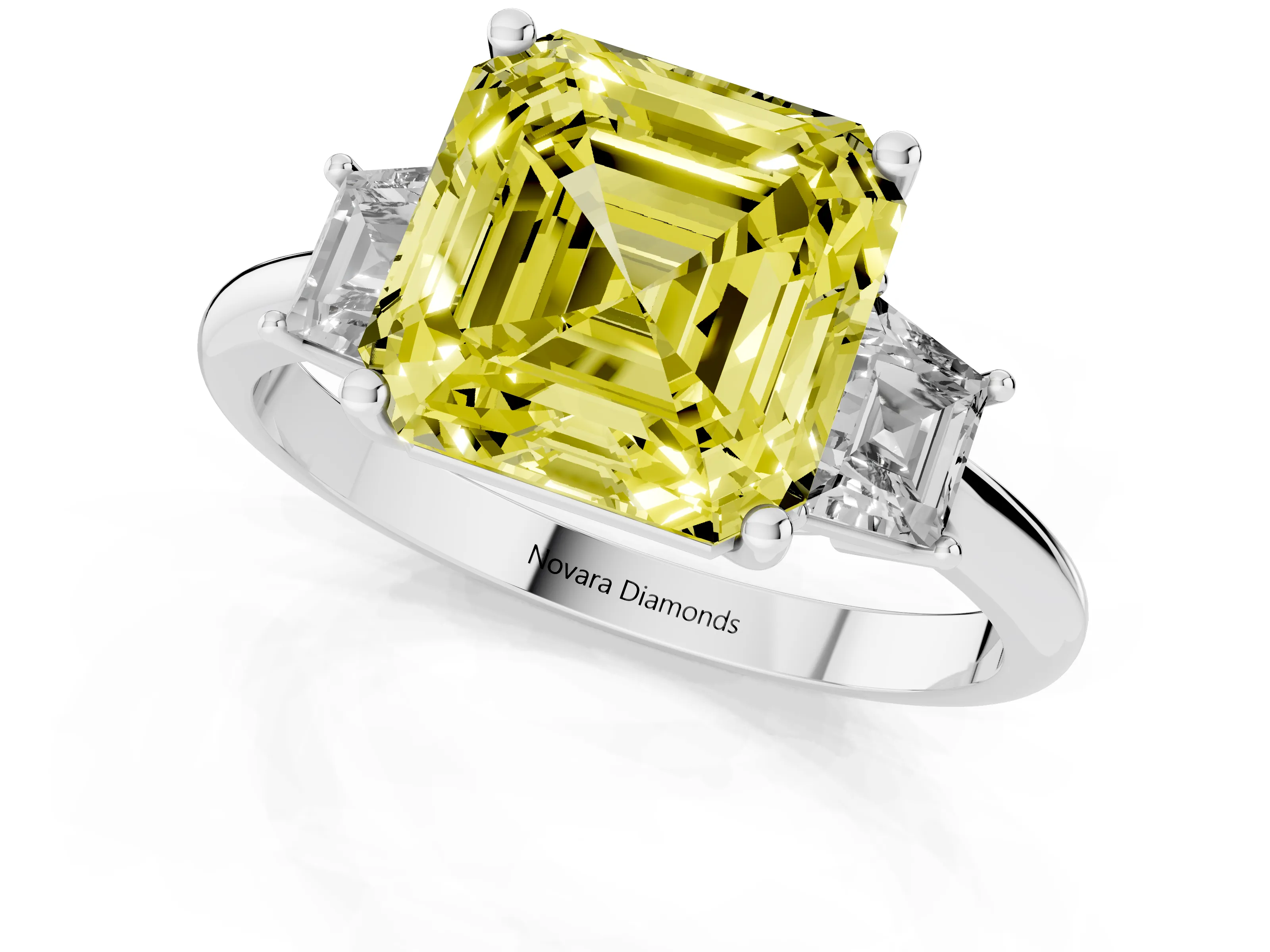Fancy Yellow Asscher Cut Diamond Three-Stone Ring Set in Silver with Trapezoid Side Stones and Prong Setting
