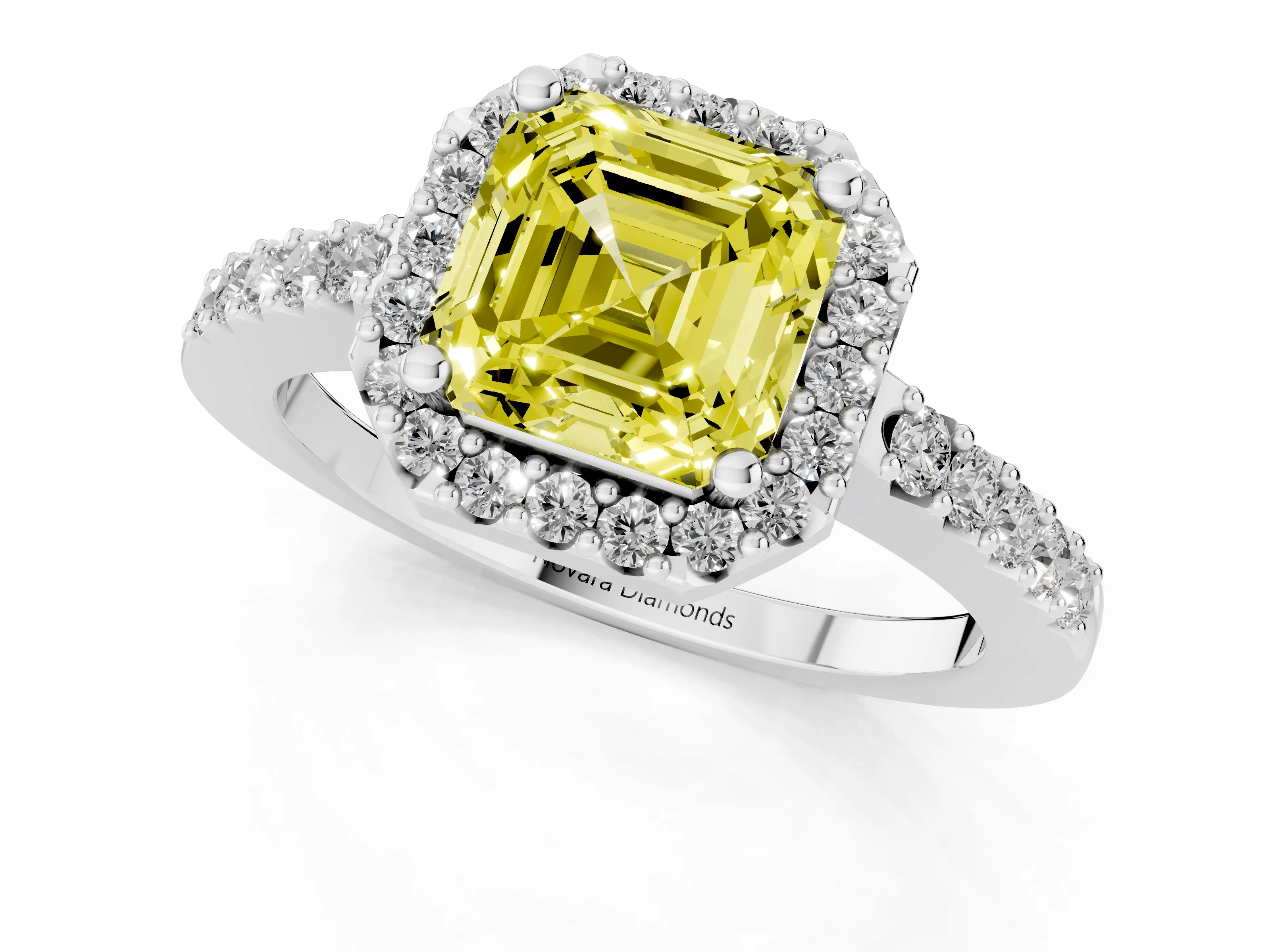 Fancy Yellow Asscher Cut Diamond Halo Pavé Solitaire Ring Set in Platinum with Prong-Set Center Stone