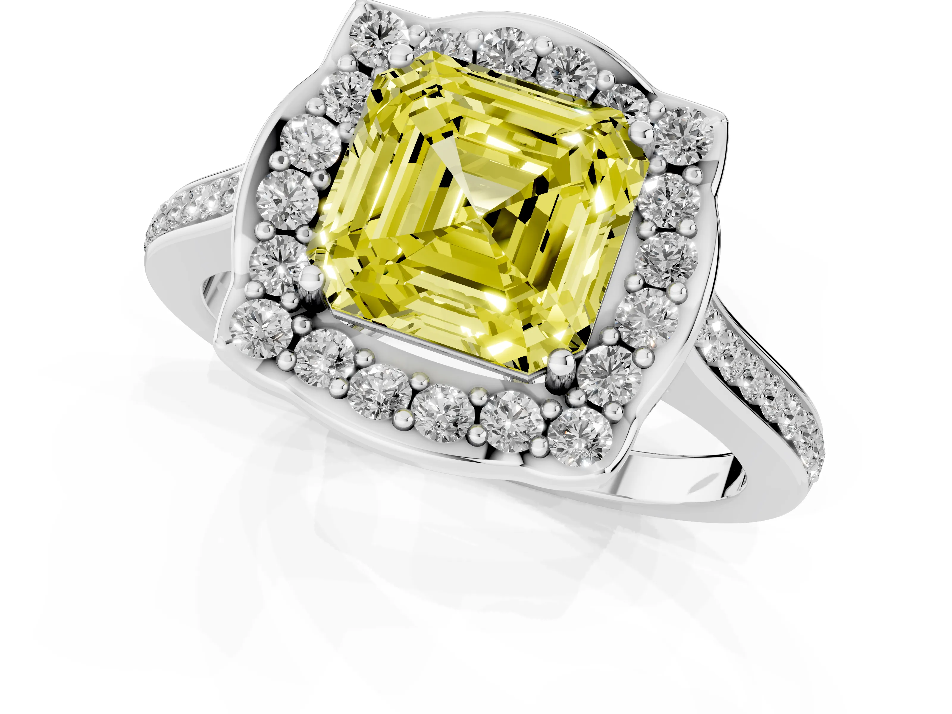 Fancy Yellow Asscher Cut Diamond Halo Ring Set in Platinum with Pavé-Lined Shoulders and Prong Setting
