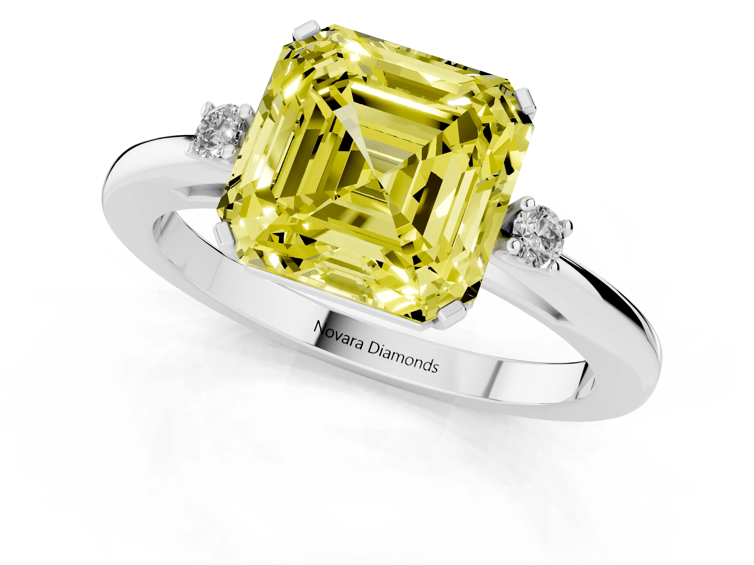 Fancy Yellow Three-Stone Asscher Cut Diamond Solitaire Ring Set in Platinum with Round Accent Stones and Prong Setting