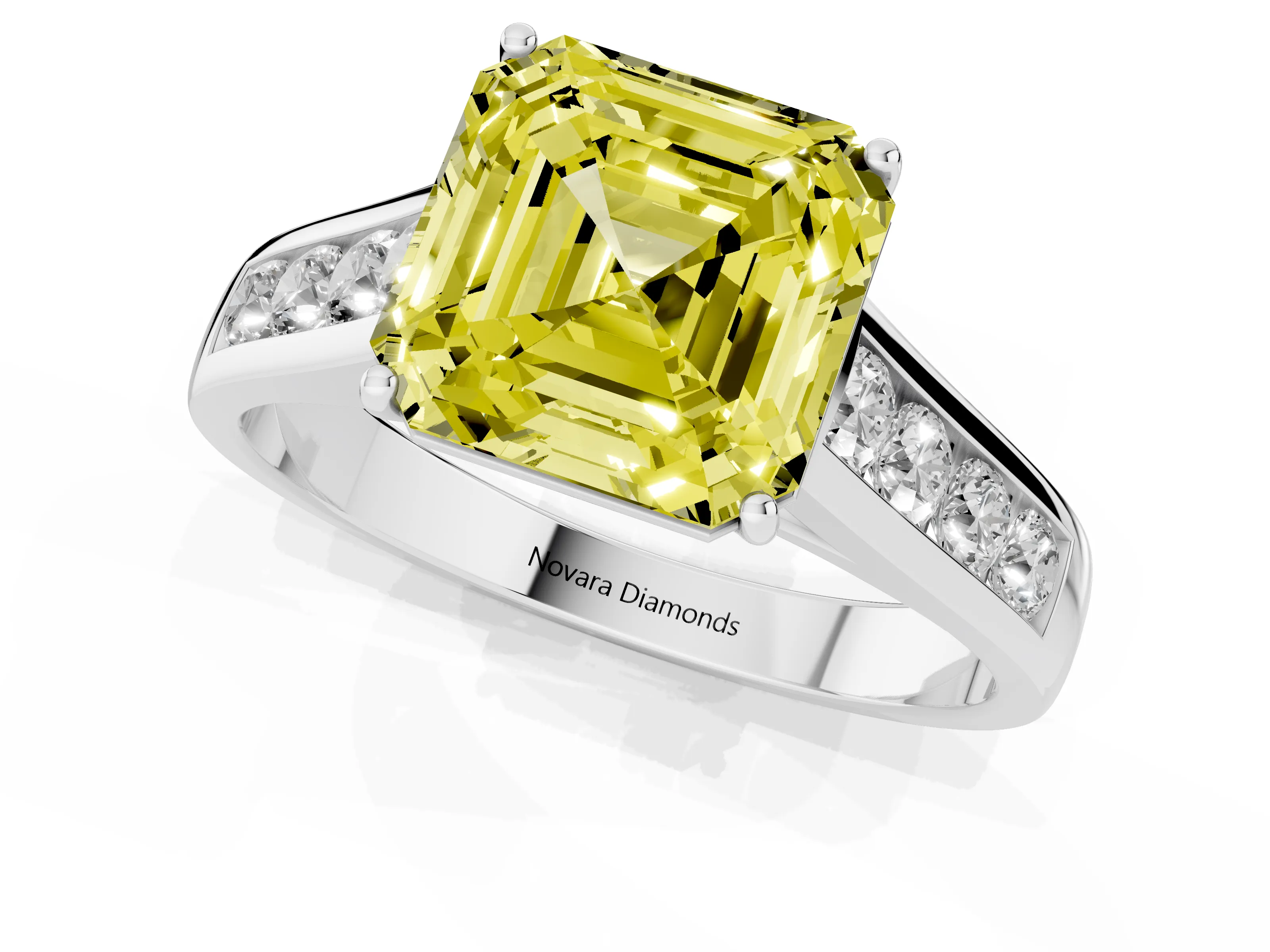 Fancy Yellow Asscher Cut Diamond Brilliant Channel-Set Solitaire Ring Set in White gold with Prong Setting