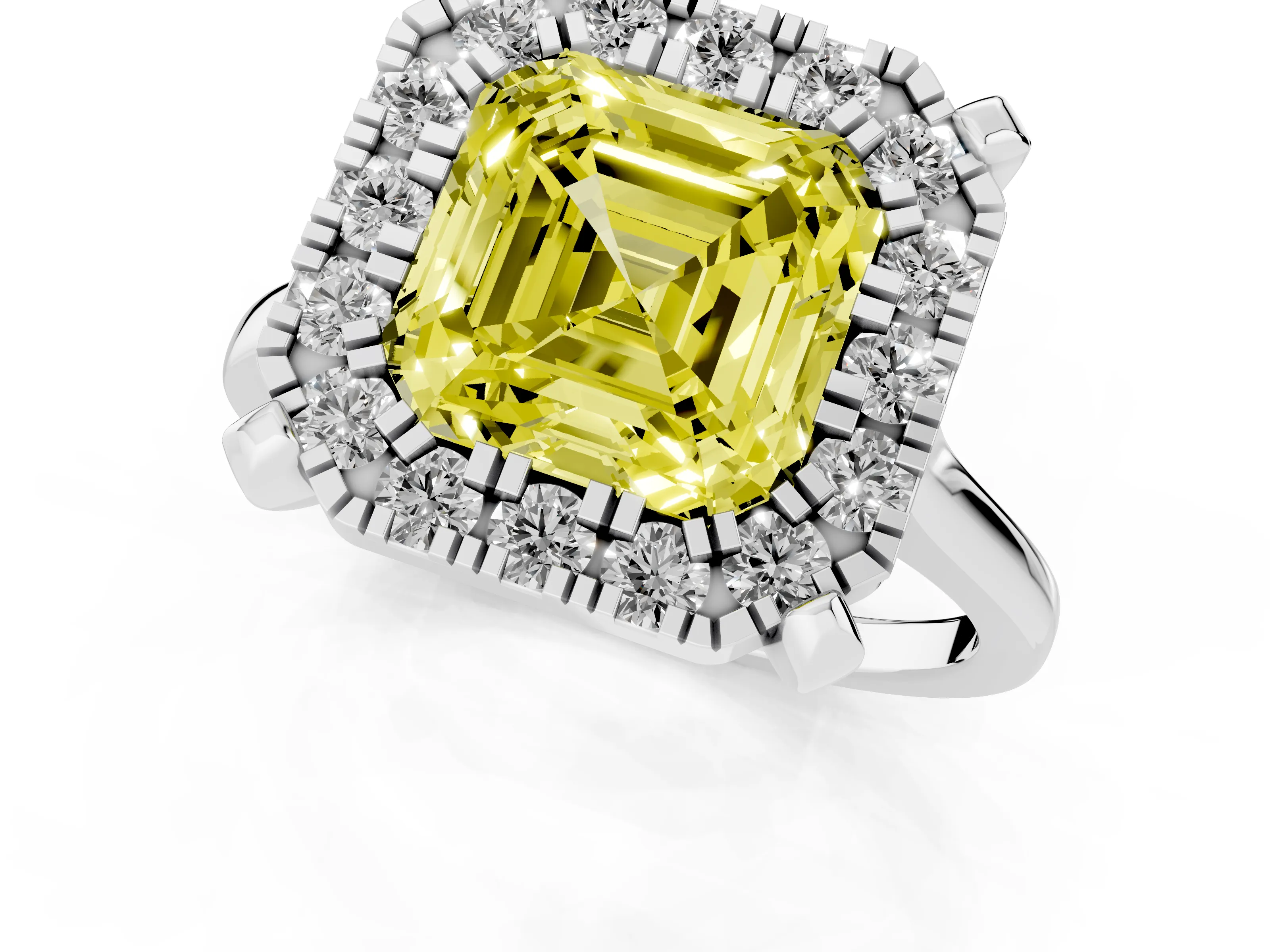 Fancy Yellow Asscher Cut Diamond Cluster Halo Solitaire Ring Set in Silver with Prong Setting