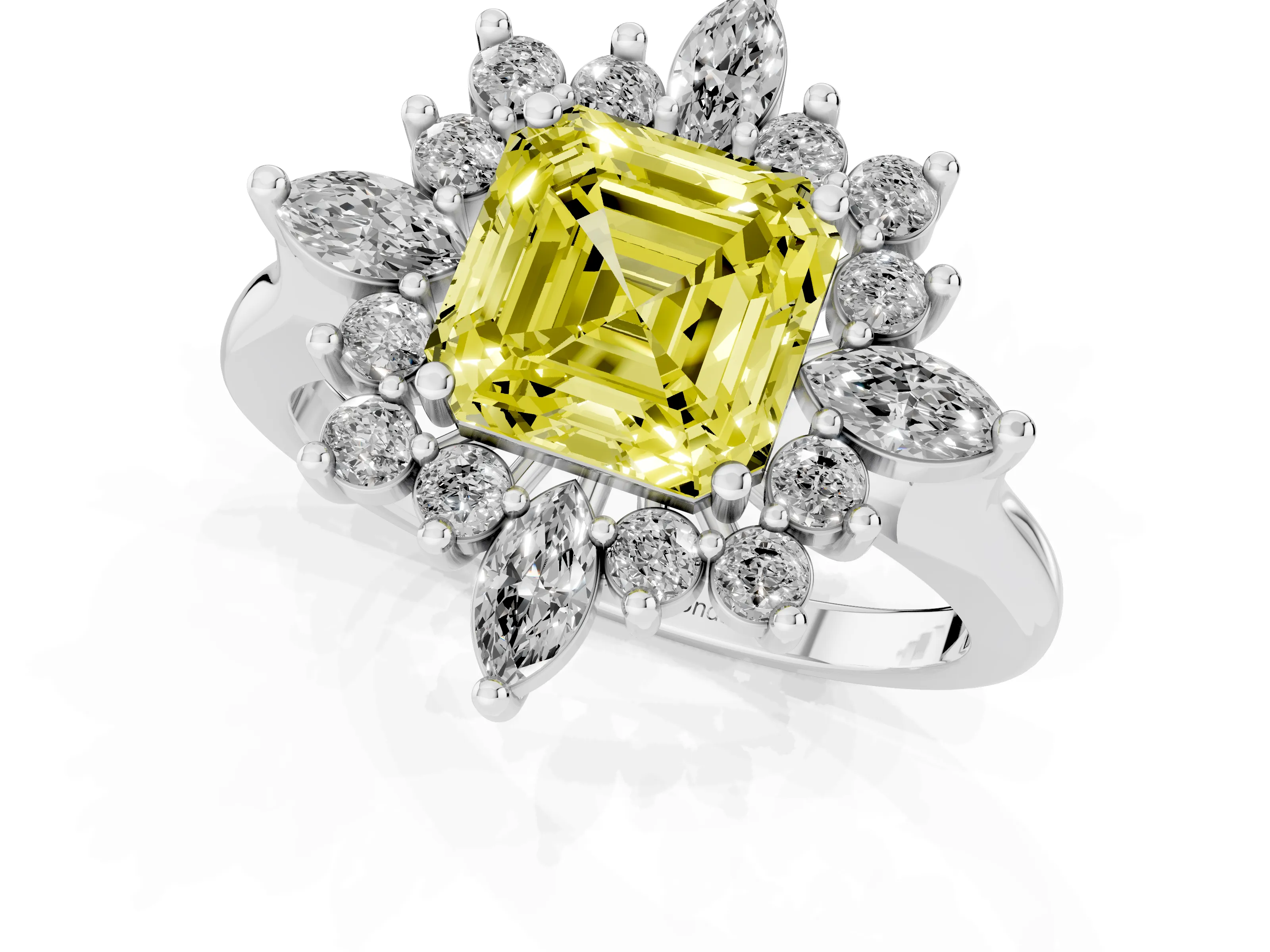 Fancy Yellow Asscher Cut Diamond Cluster Halo Ring Set in White gold with Marquise and Round Accents