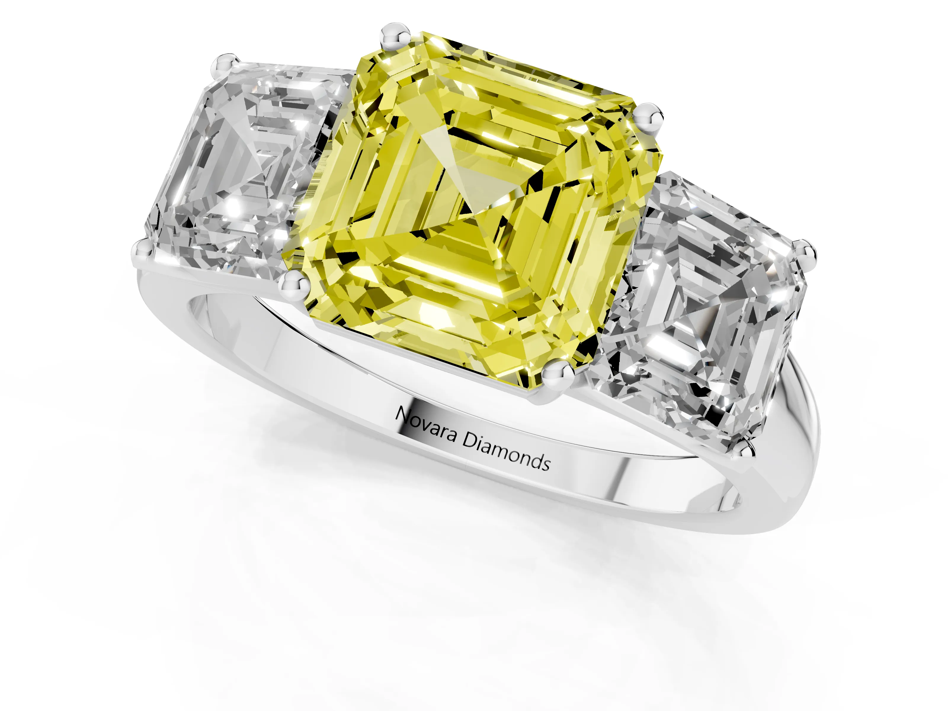 Fancy Yellow Asscher Cut Diamond Three-Stone Ring Set in Platinum with Classic Prong Setting and Plain Band