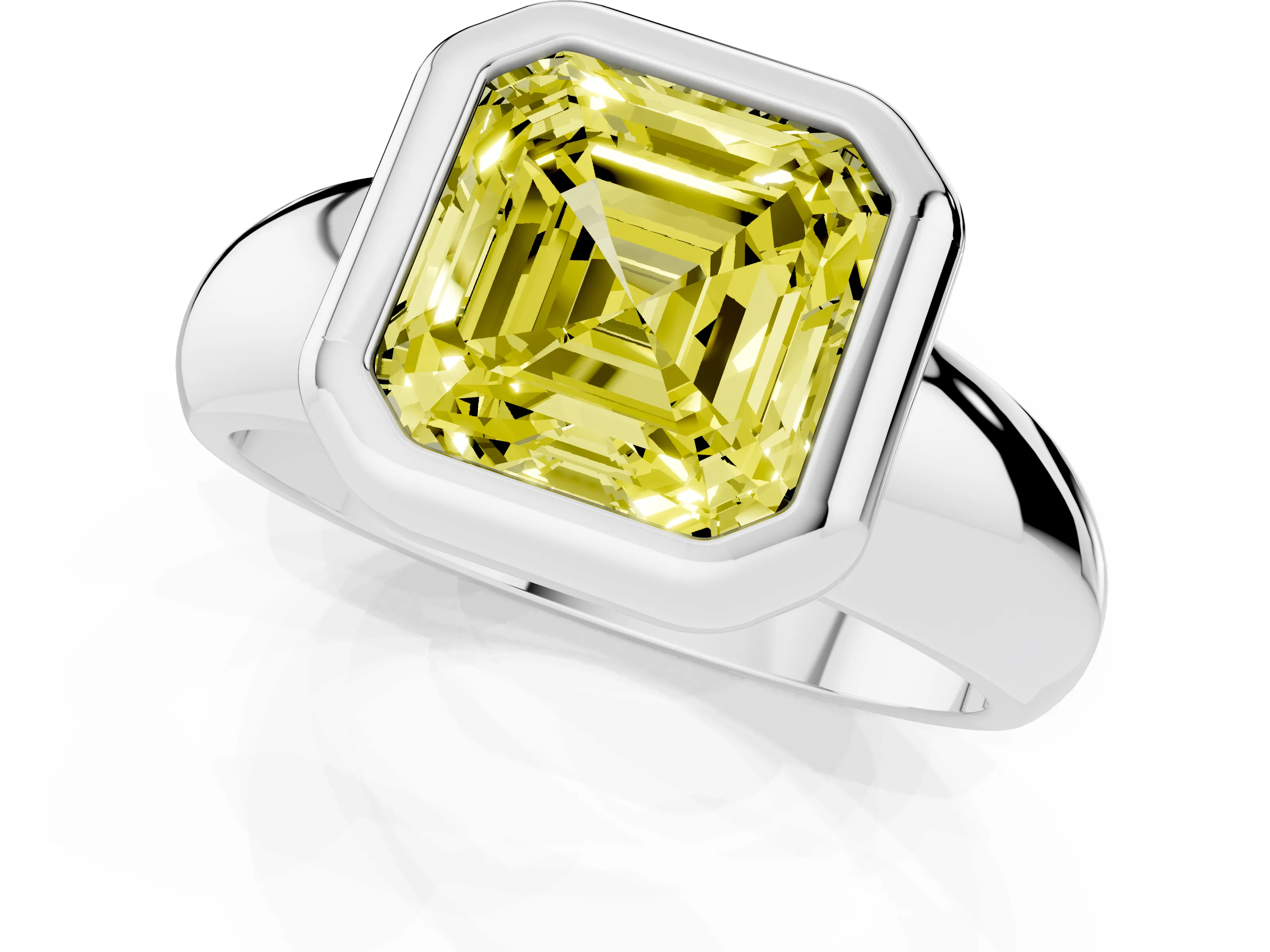 Fancy Yellow Bezel Set Asscher Cut Diamond Solitaire Ring Set in Platinum with Wide Band