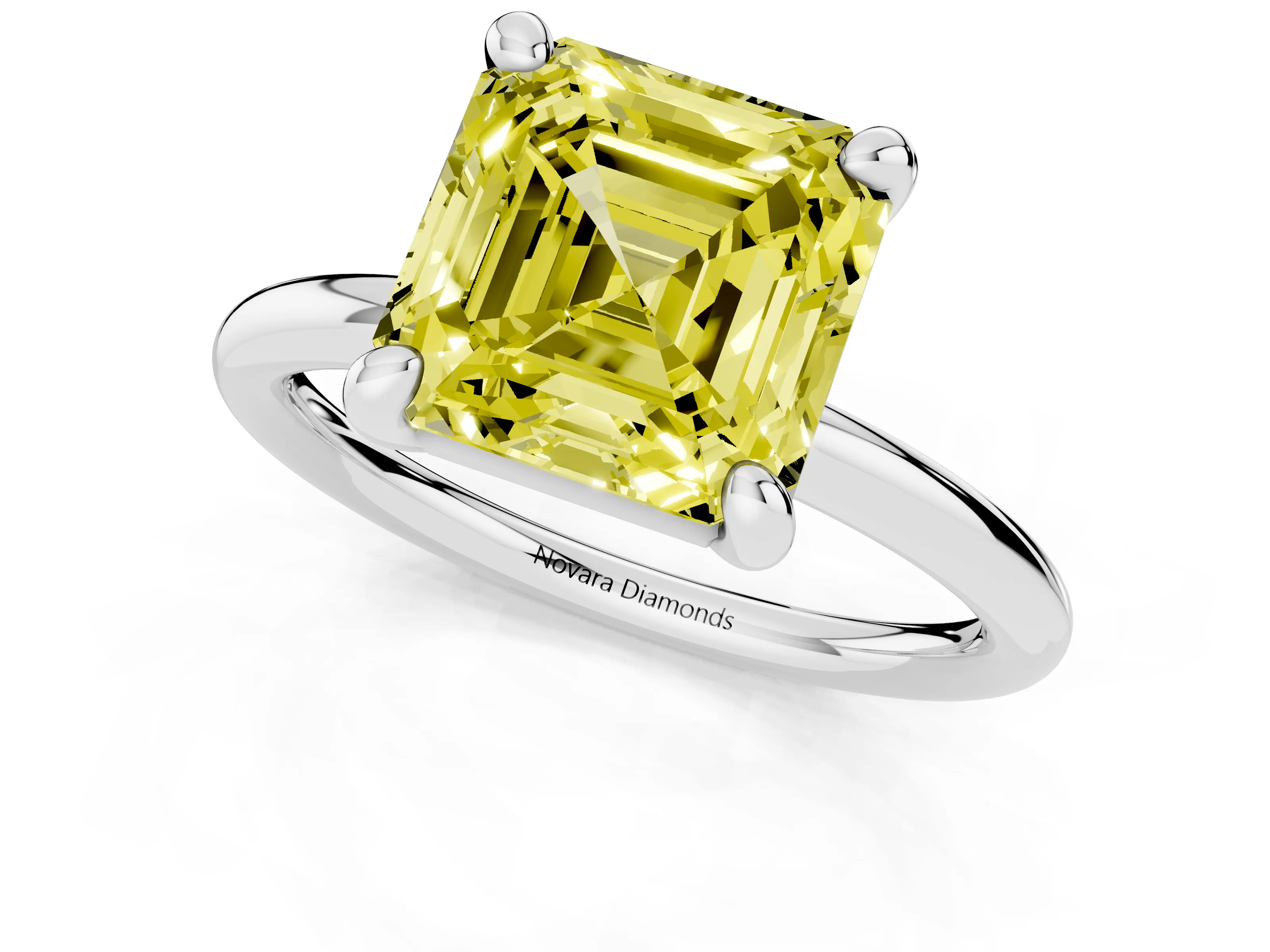 Fancy Yellow Asscher Cut Diamond Solitaire Ring Set in White gold with Prong Setting on a Polished Plain Band