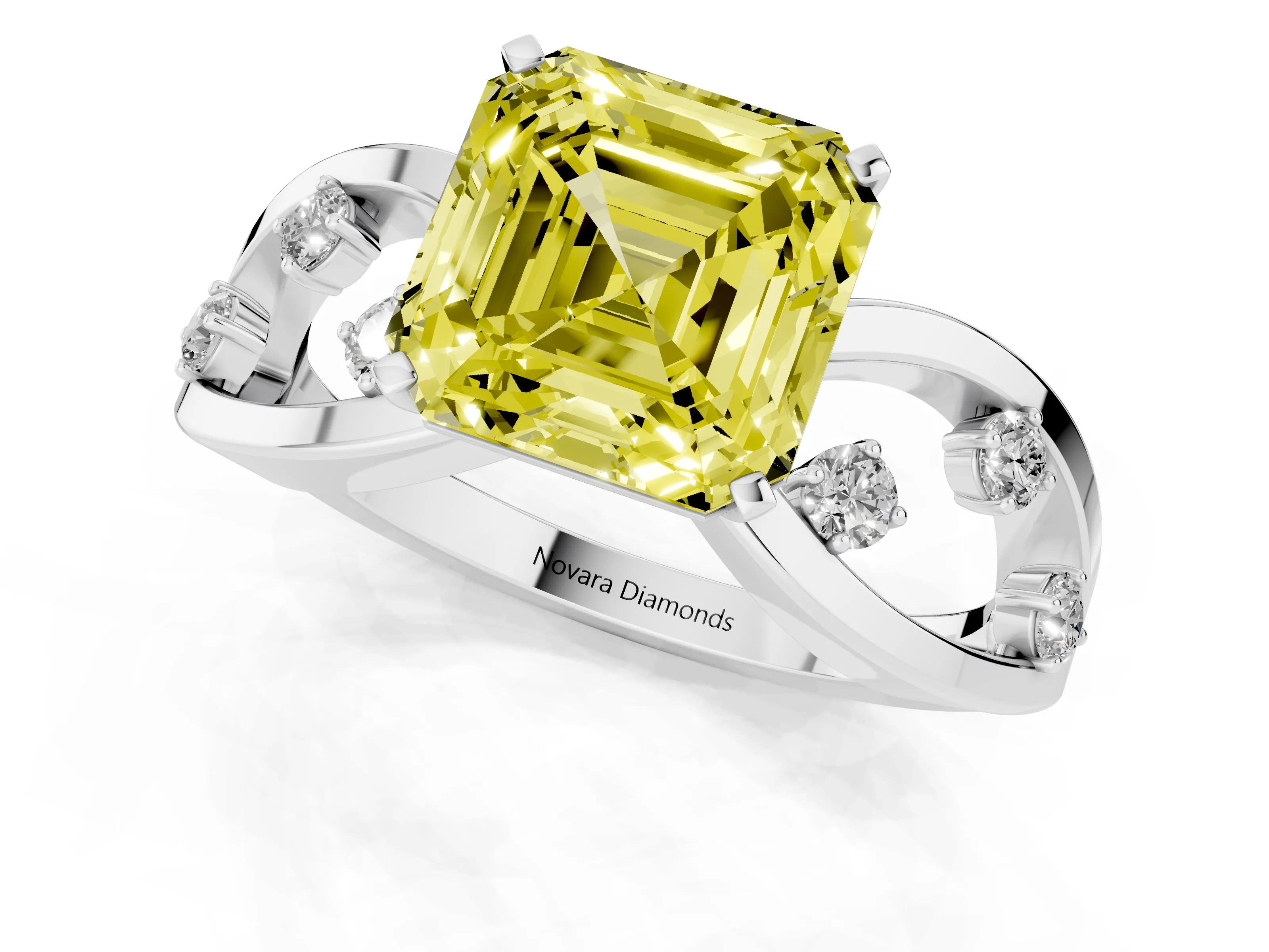 Fancy Yellow Asscher Cut Diamond Solitaire Ring Set in Silver with Side Stones on Criss-Cross Band and Prong Setting
