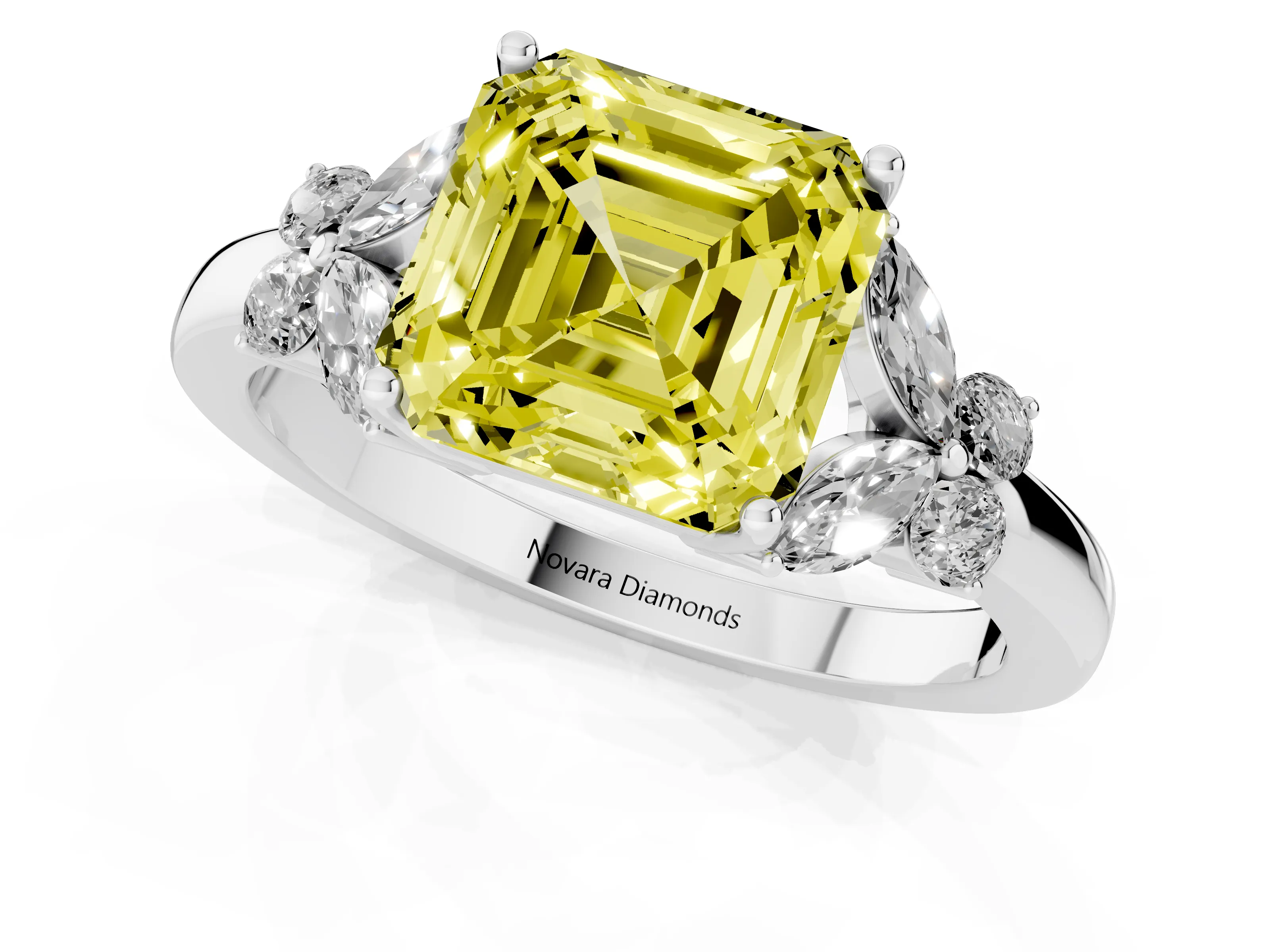 Fancy Yellow Asscher Cut Diamond Solitaire Floral Ring Set in White gold with Marquise Petals and Prong Setting
