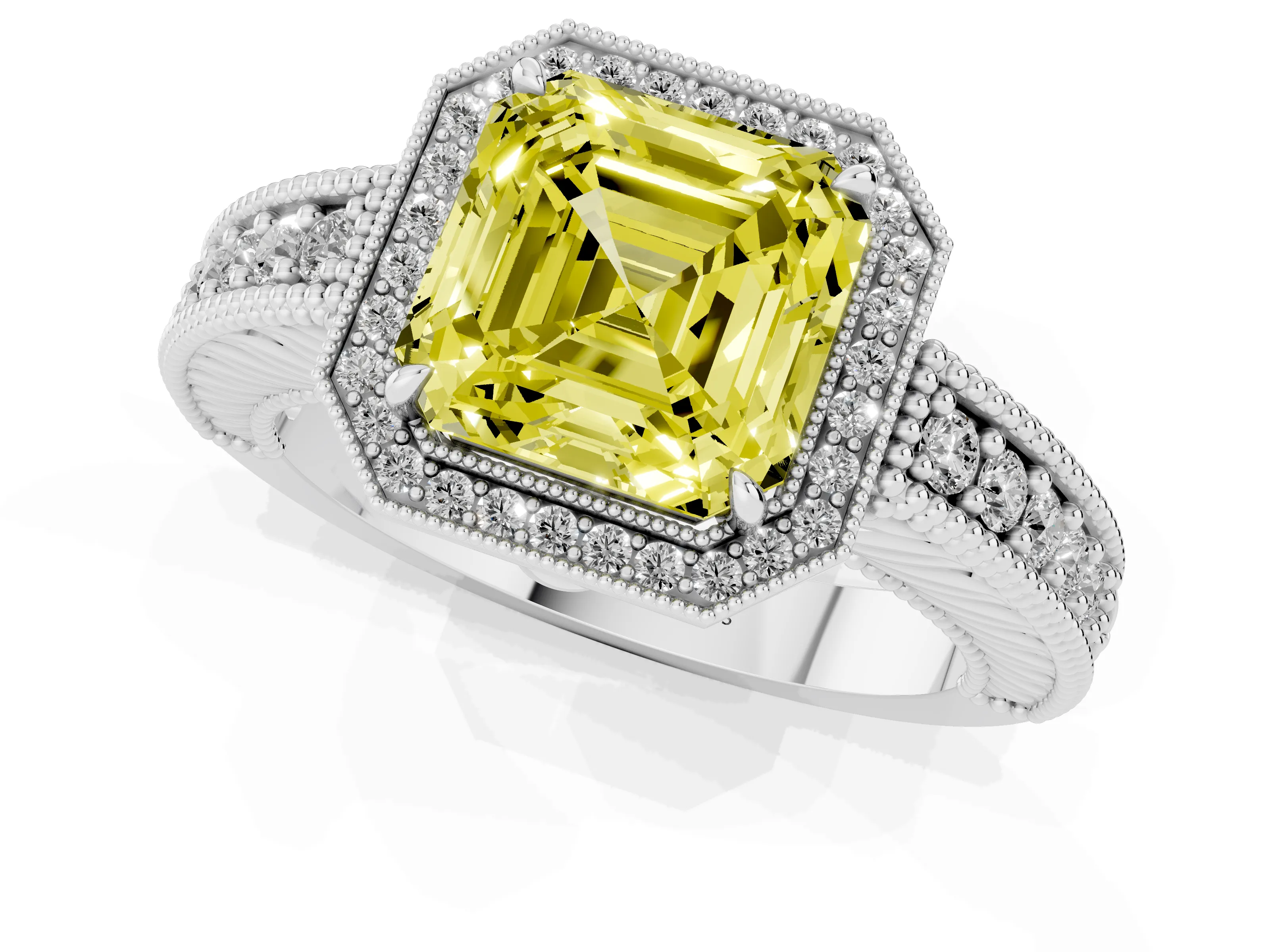 Fancy Yellow Asscher Cut Diamond Halo Ring Set in White gold with Round Accent Halo, Pavé Band and Prong Setting