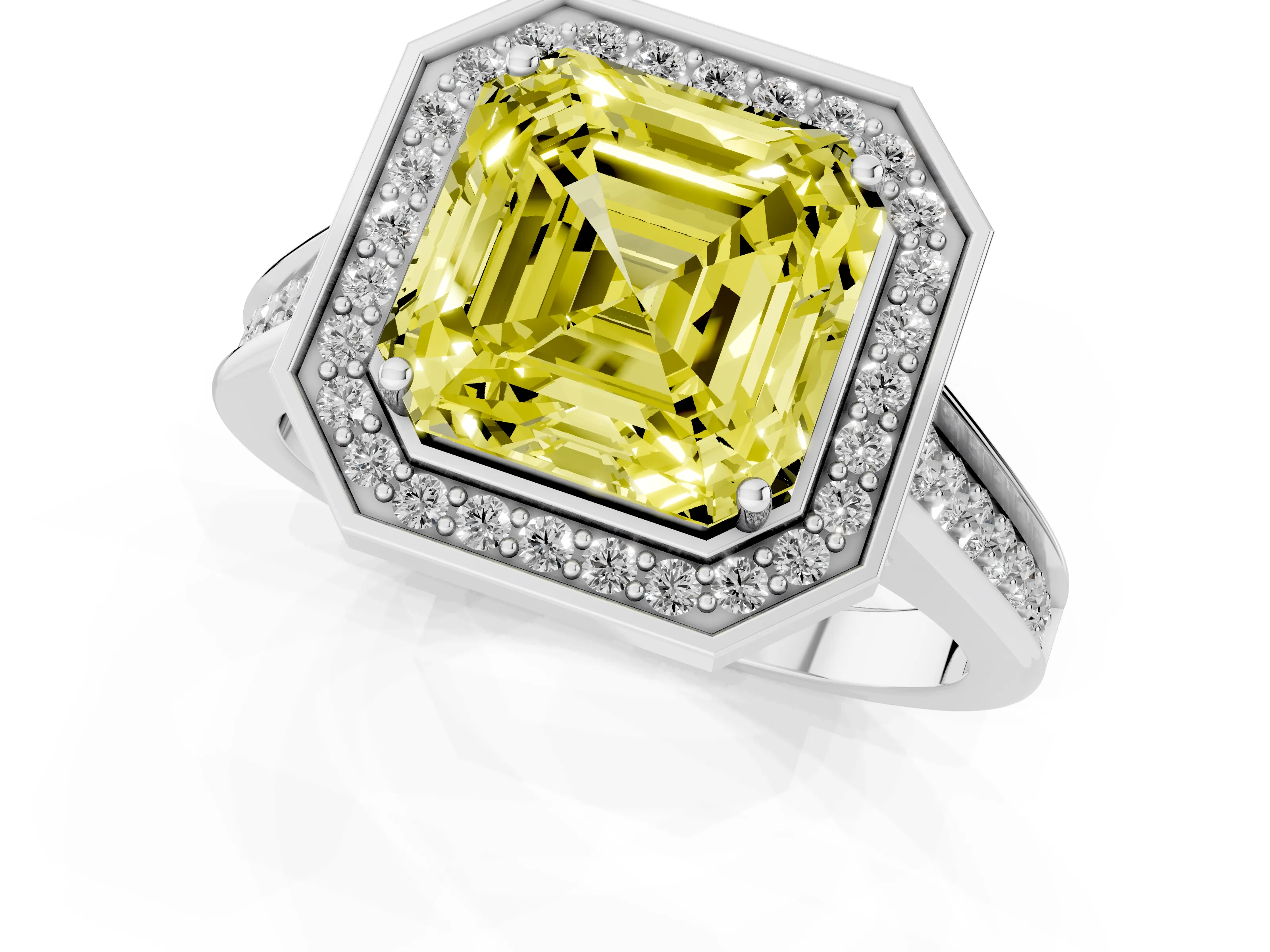Fancy Yellow Asscher Cut Diamond Halo Solitaire Ring Set in Silver with Pavé Band and Bezel Setting