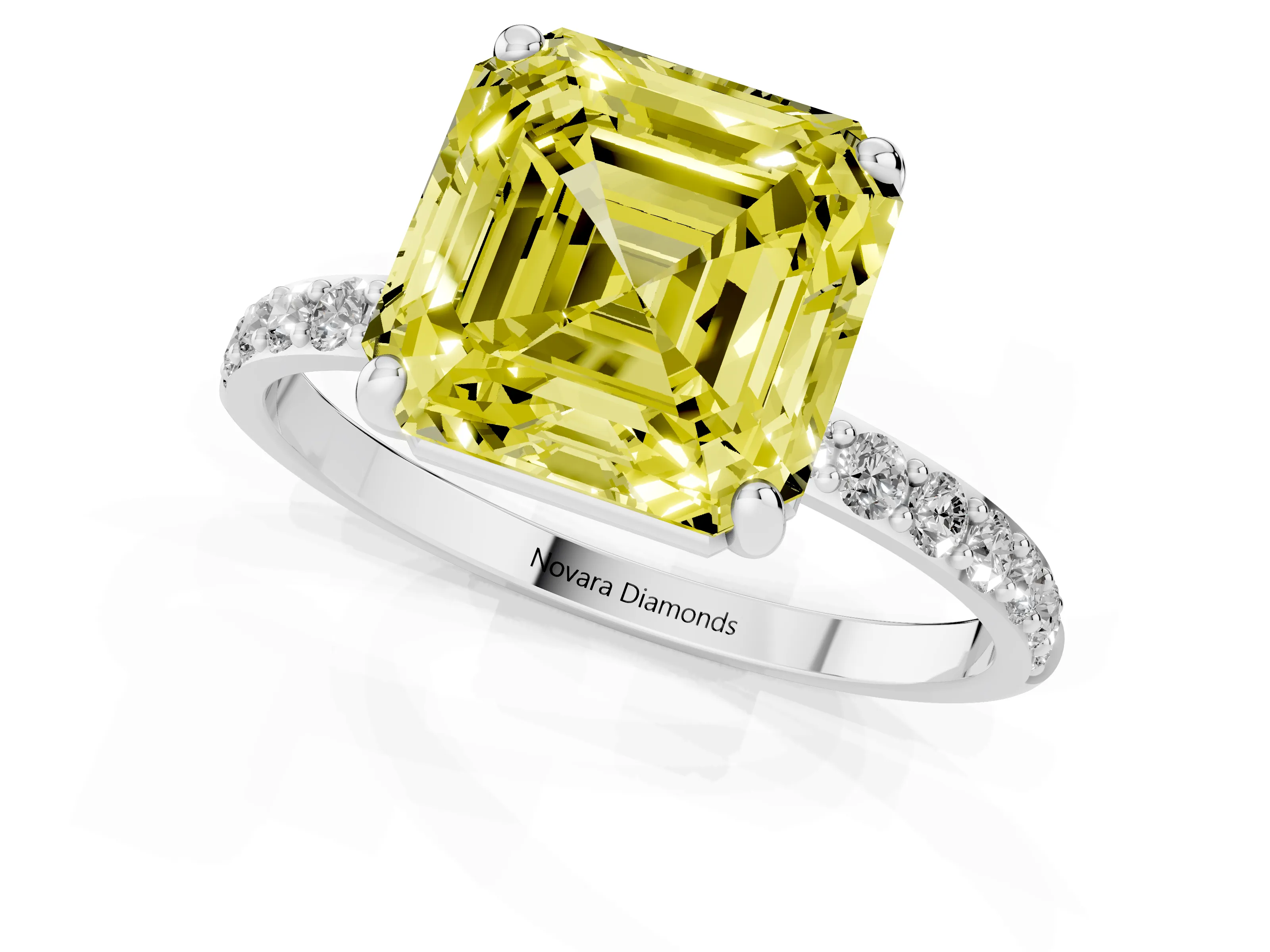 Fancy Yellow Asscher Cut Diamond Solitaire Ring Set in Silver with Round Pavé Band and Prong Setting