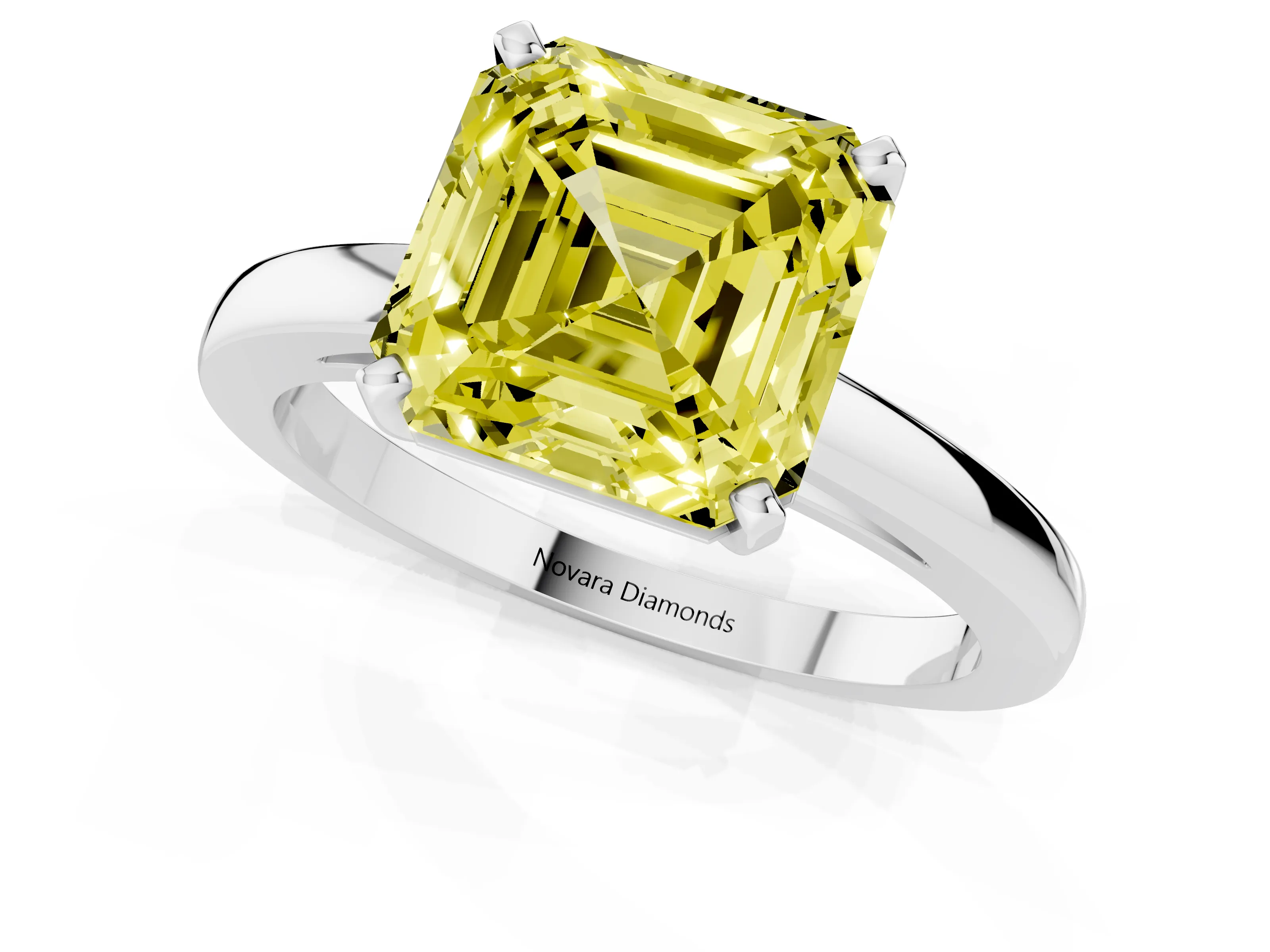 Fancy Yellow Asscher Cut Diamond Solitaire Engagement Ring Set in Platinum with Prong Setting on a Classic Band