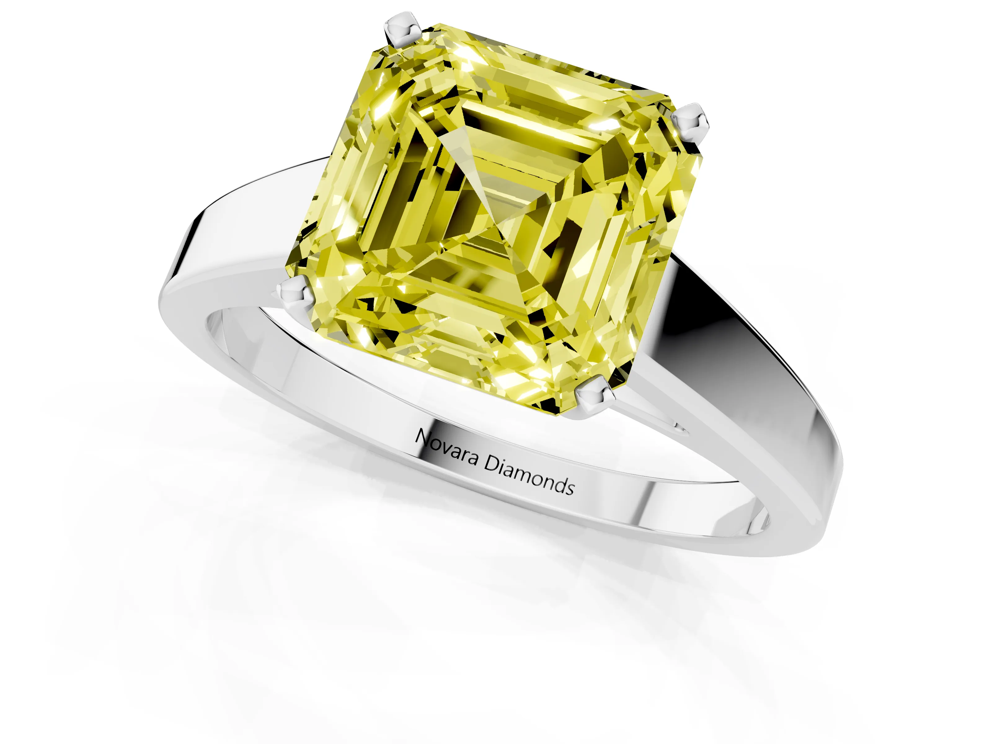 Fancy Yellow Asscher Cut Diamond Solitaire Engagement Ring Set in White gold with Prong Setting and Tapered Band
