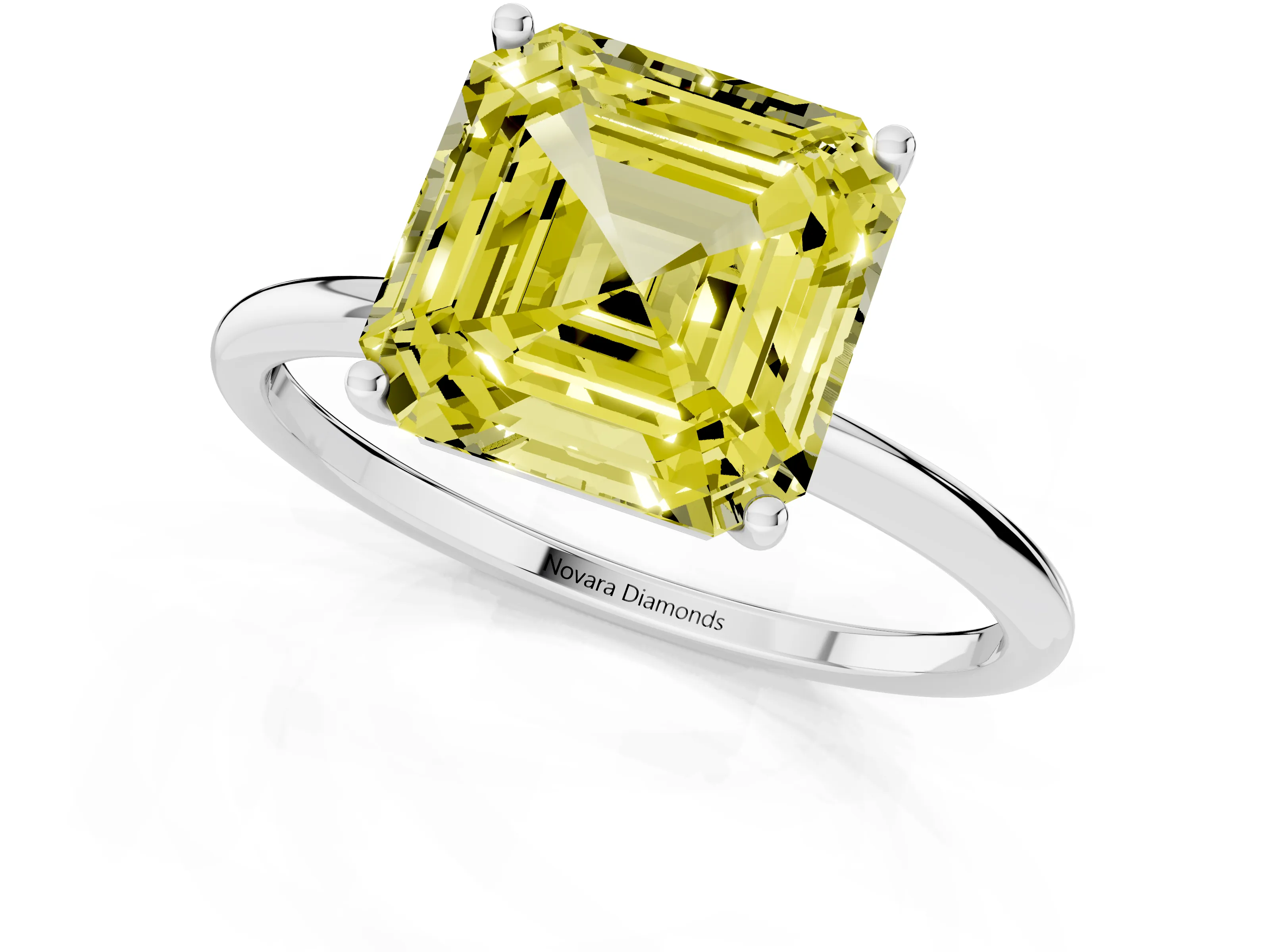 Fancy Yellow Asscher Cut Diamond Solitaire Engagement Ring Set in Platinum with Thin Band and Prong Setting – second view