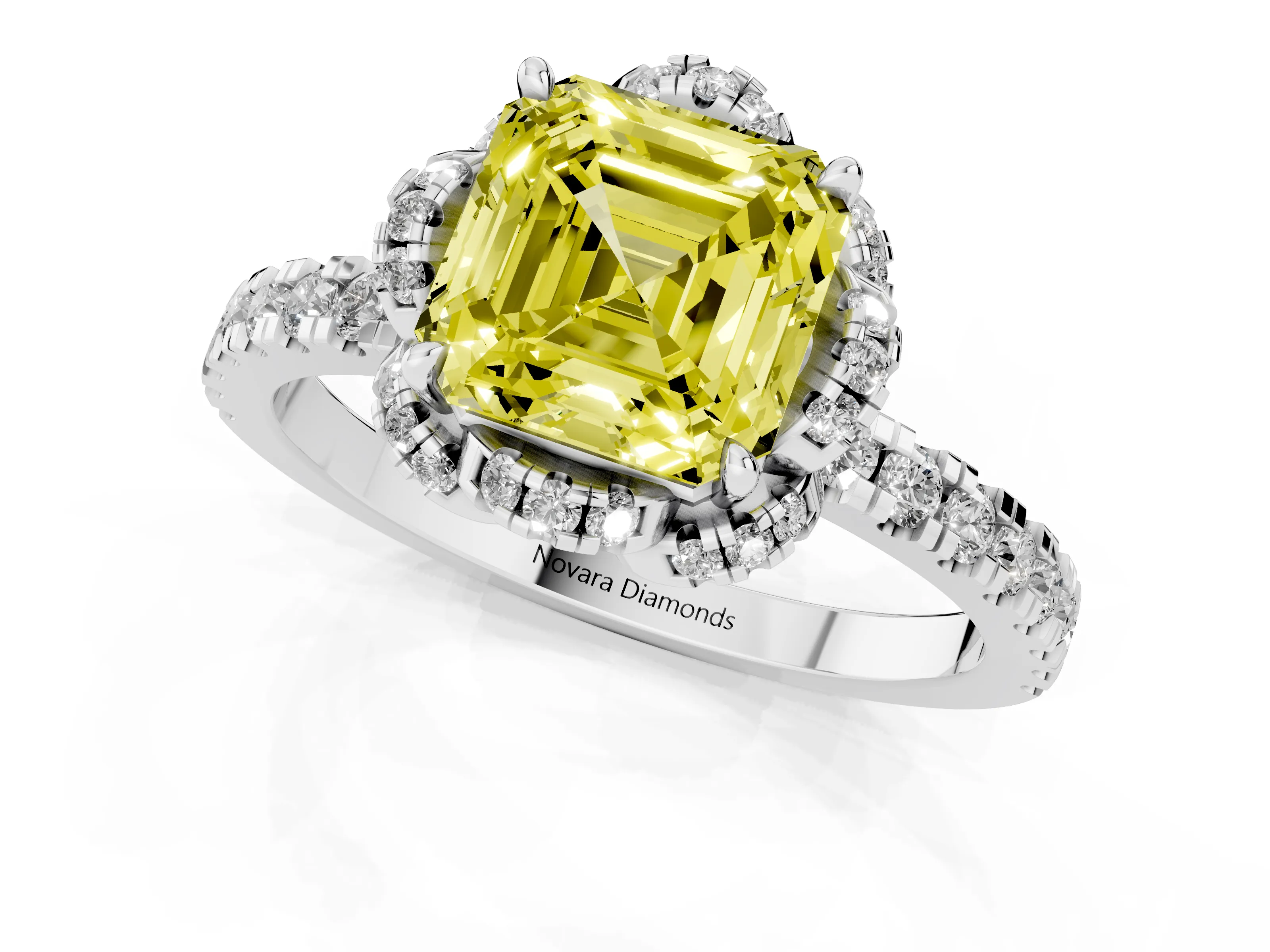 Fancy Yellow Asscher Cut Diamond Halo Pavé Band Ring Set in White gold with Prong-Held Center