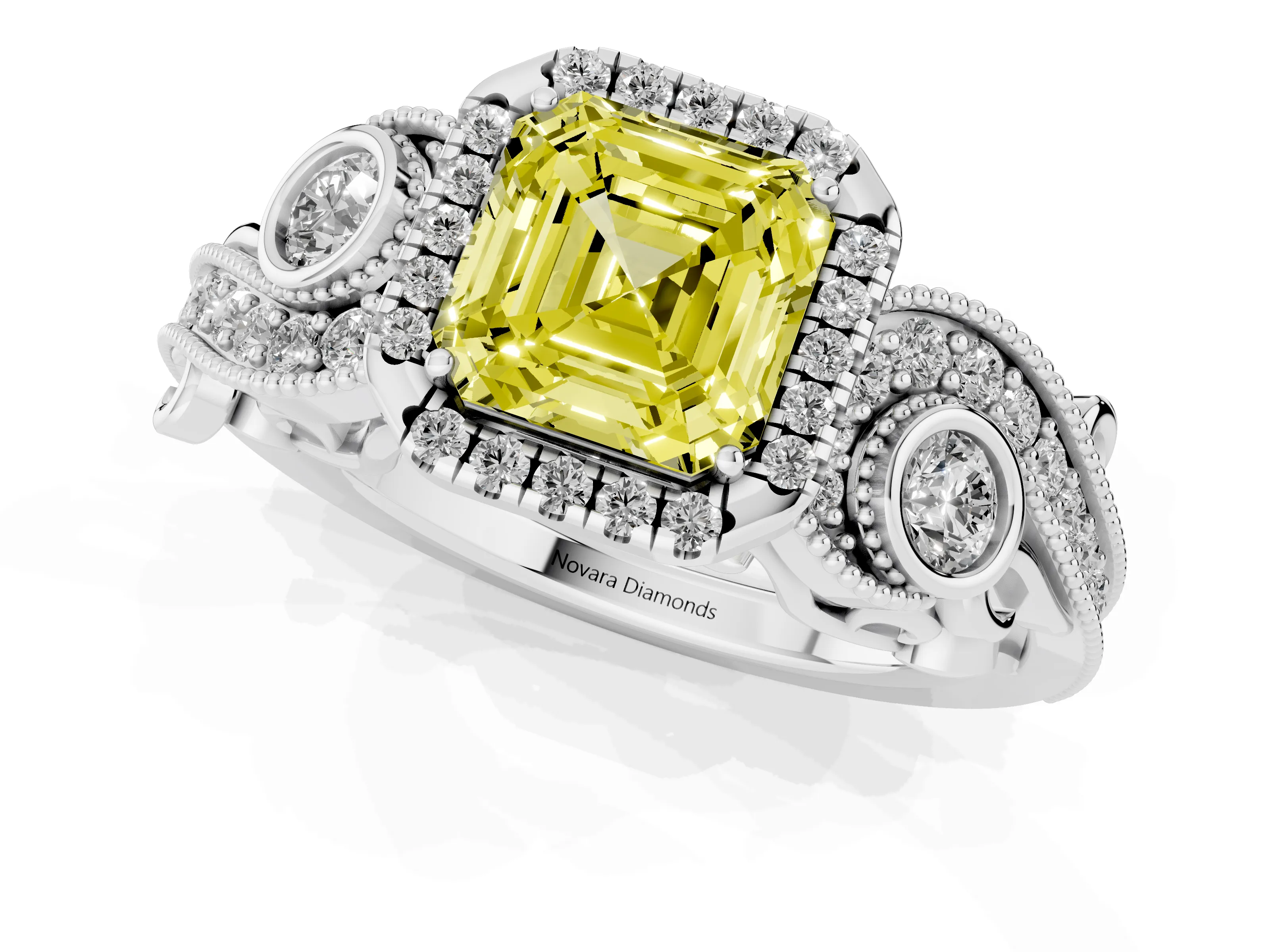 Fancy Yellow Asscher Cut Diamond Halo Ring Set in Platinum with Milgrain Pavé Band and Prong Setting – second view