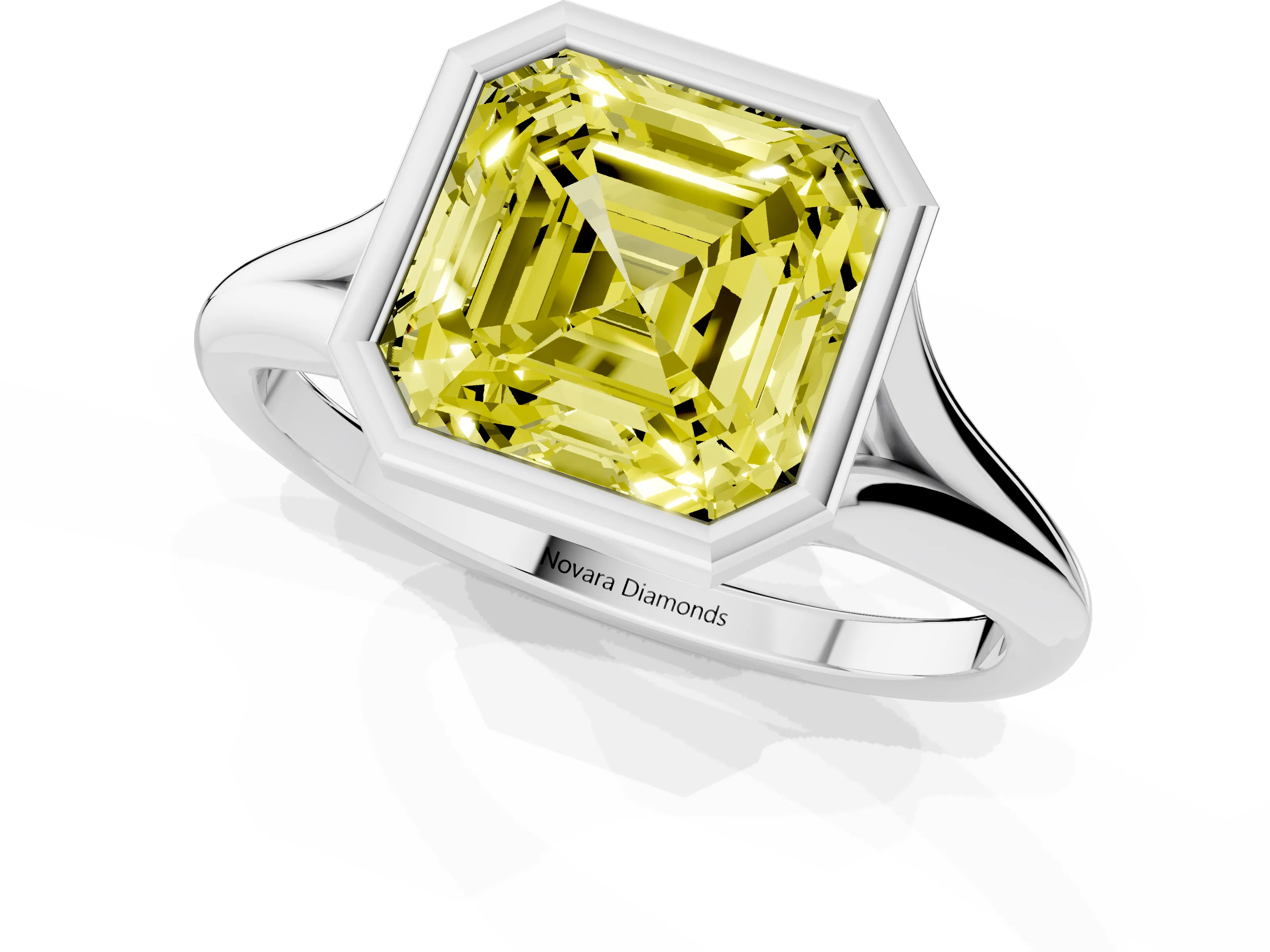 Fancy Yellow Bezel Set Asscher Cut Diamond Solitaire Ring Set in Platinum with Tapered Band