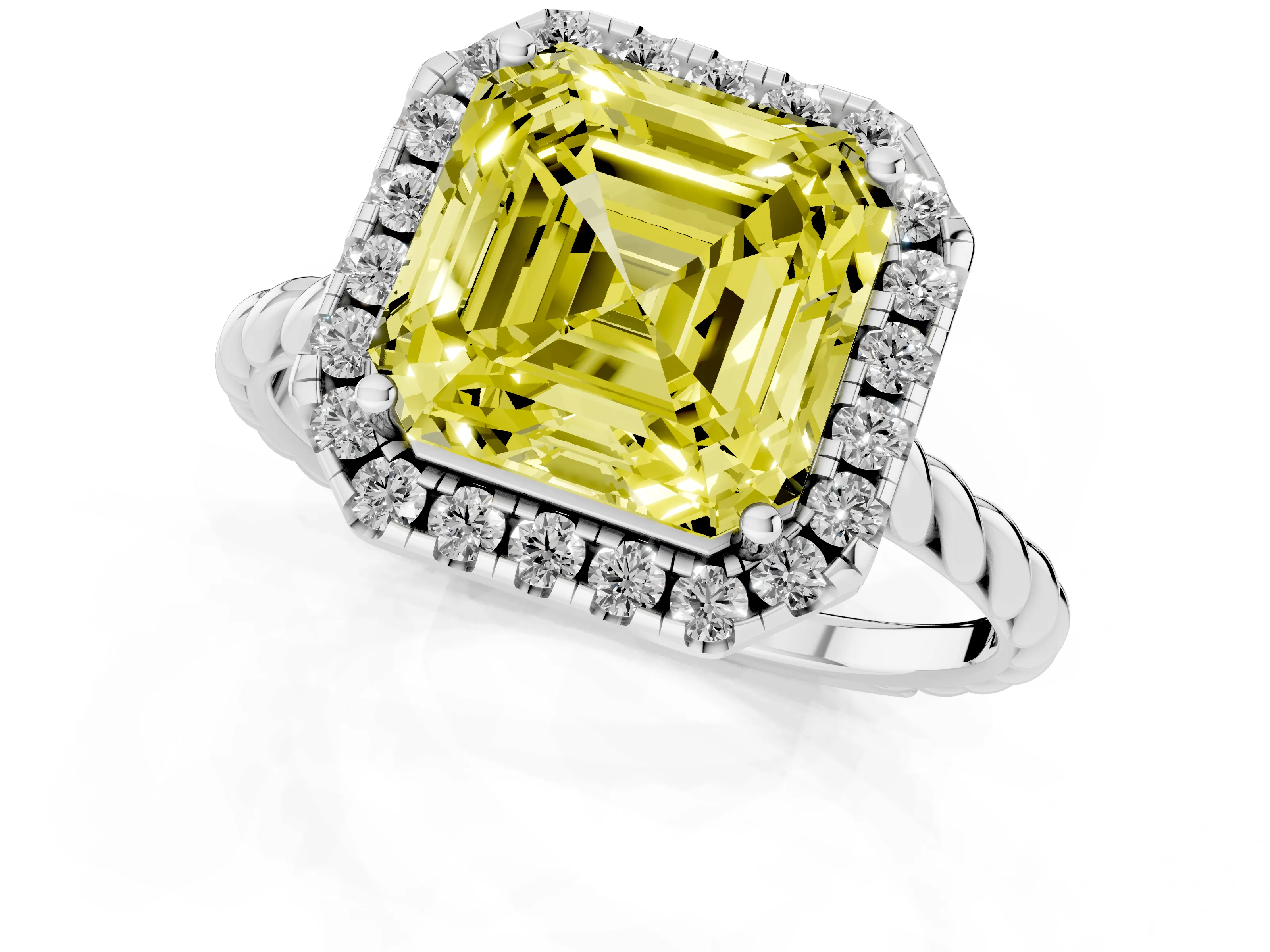 Fancy Yellow Asscher Cut Diamond Halo Ring Set in Platinum with Plain Twisted Band