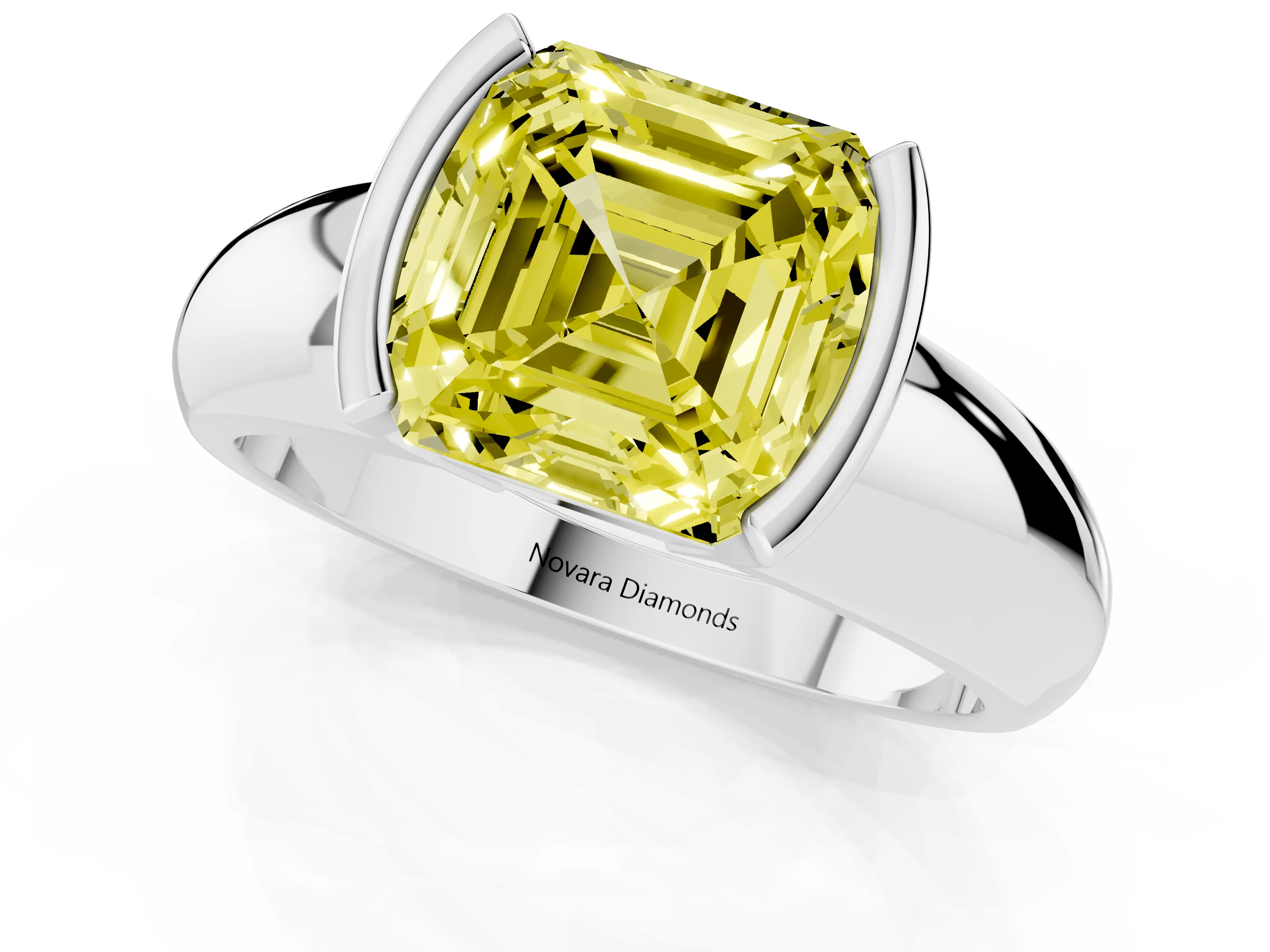 Fancy Yellow Asscher Cut Diamond Solitaire Tension Set Ring Set in Silver with Wide Band