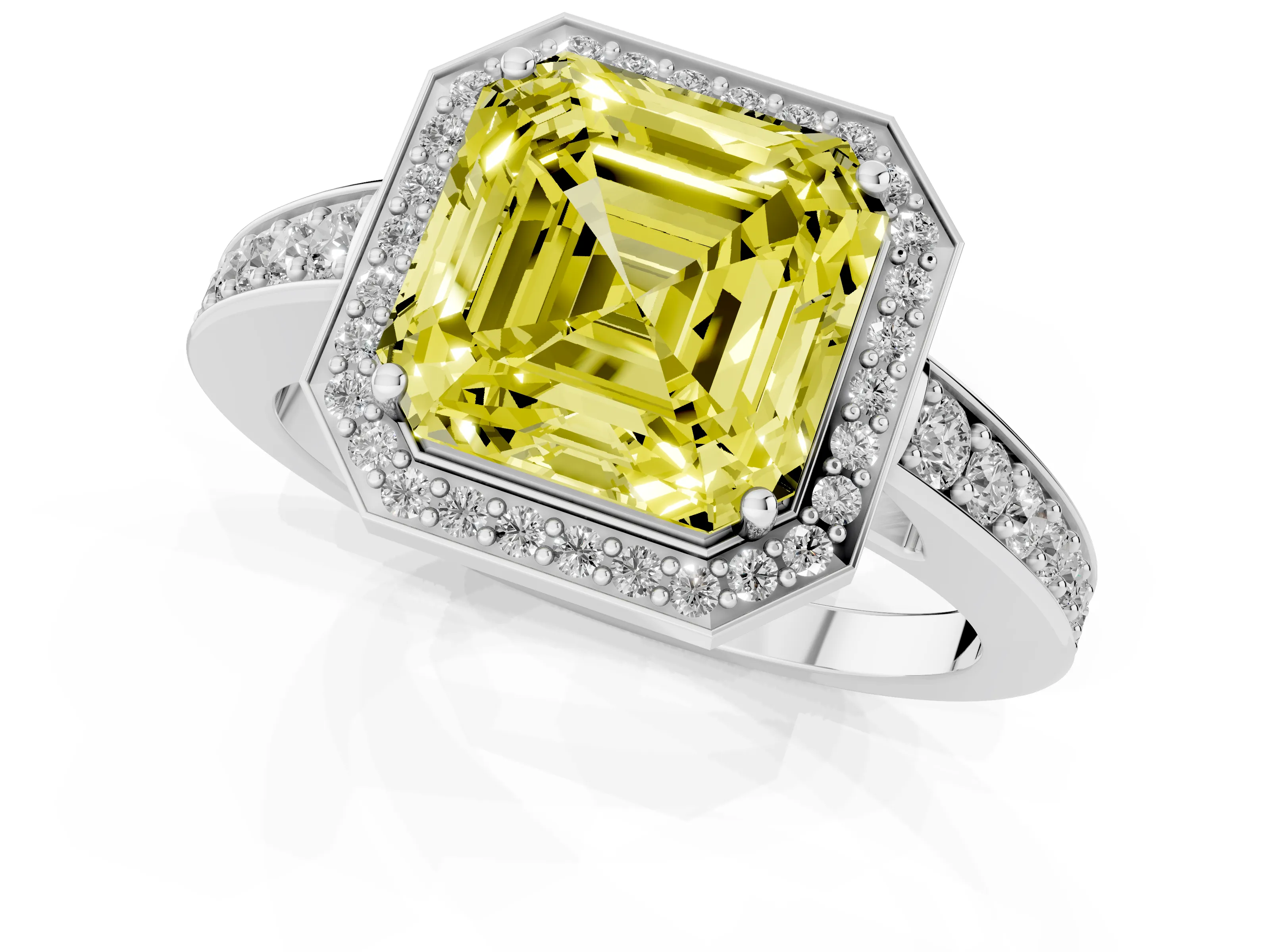 Fancy Yellow Asscher Cut Diamond Halo Pavé Engagement Ring Set in Platinum with Bezel Setting