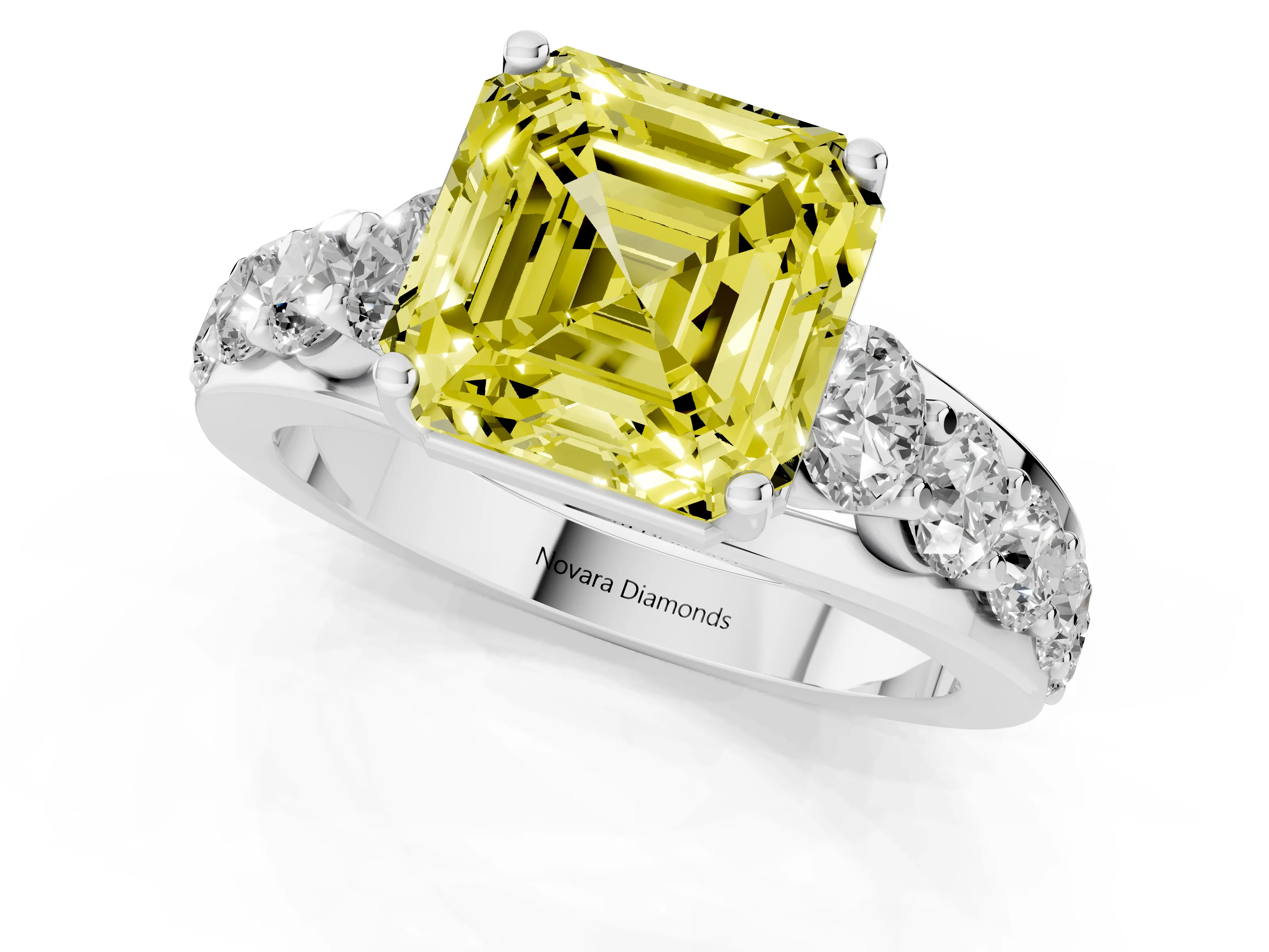 Fancy Yellow Asscher Cut Diamond Pavé Engagement Ring Set in Platinum with Prong Setting