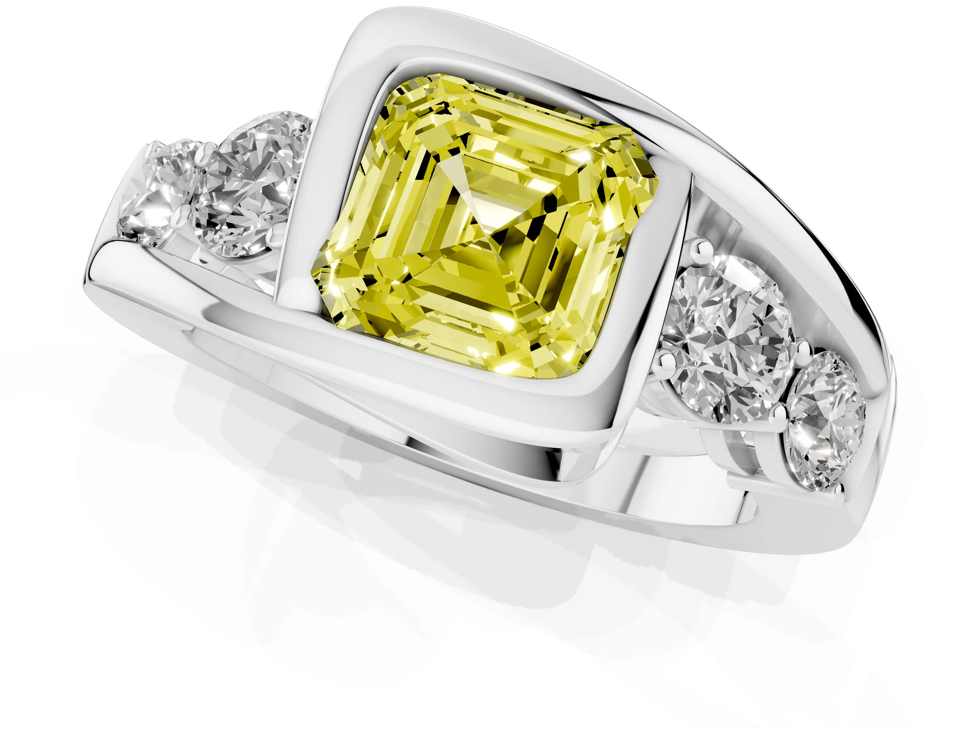 Fancy Yellow Asscher Cut Diamond Bezel Bypass Ring Set in Silver with Round Accents