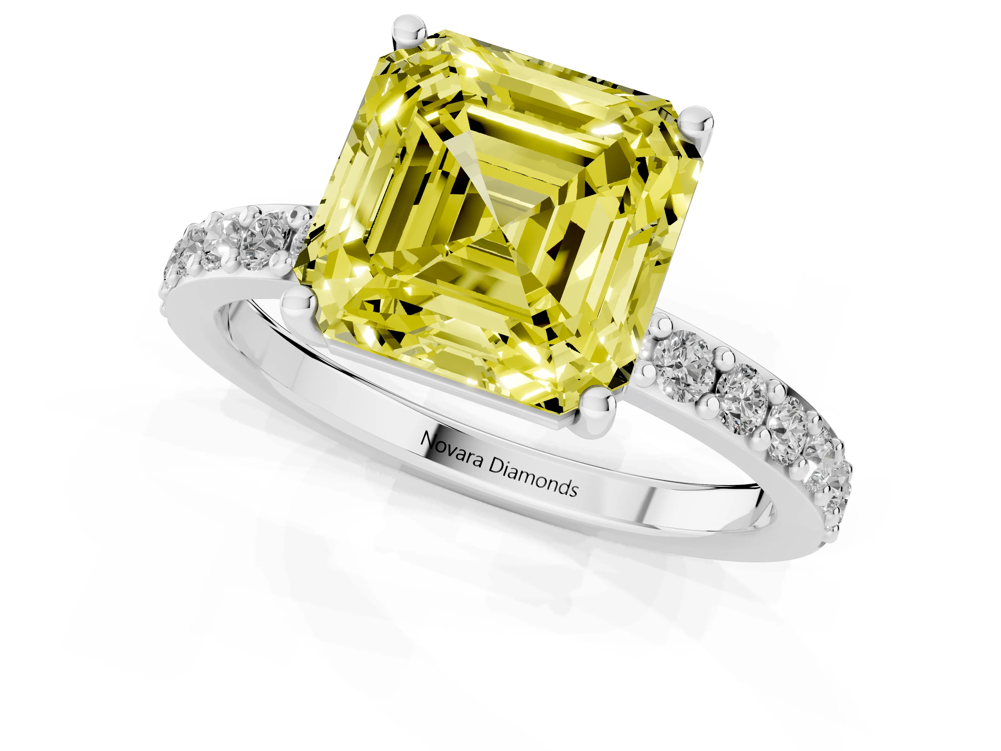 Fancy Yellow Asscher Cut Diamond Solitaire Set in Silver with Round Pavé Band and Prong Setting