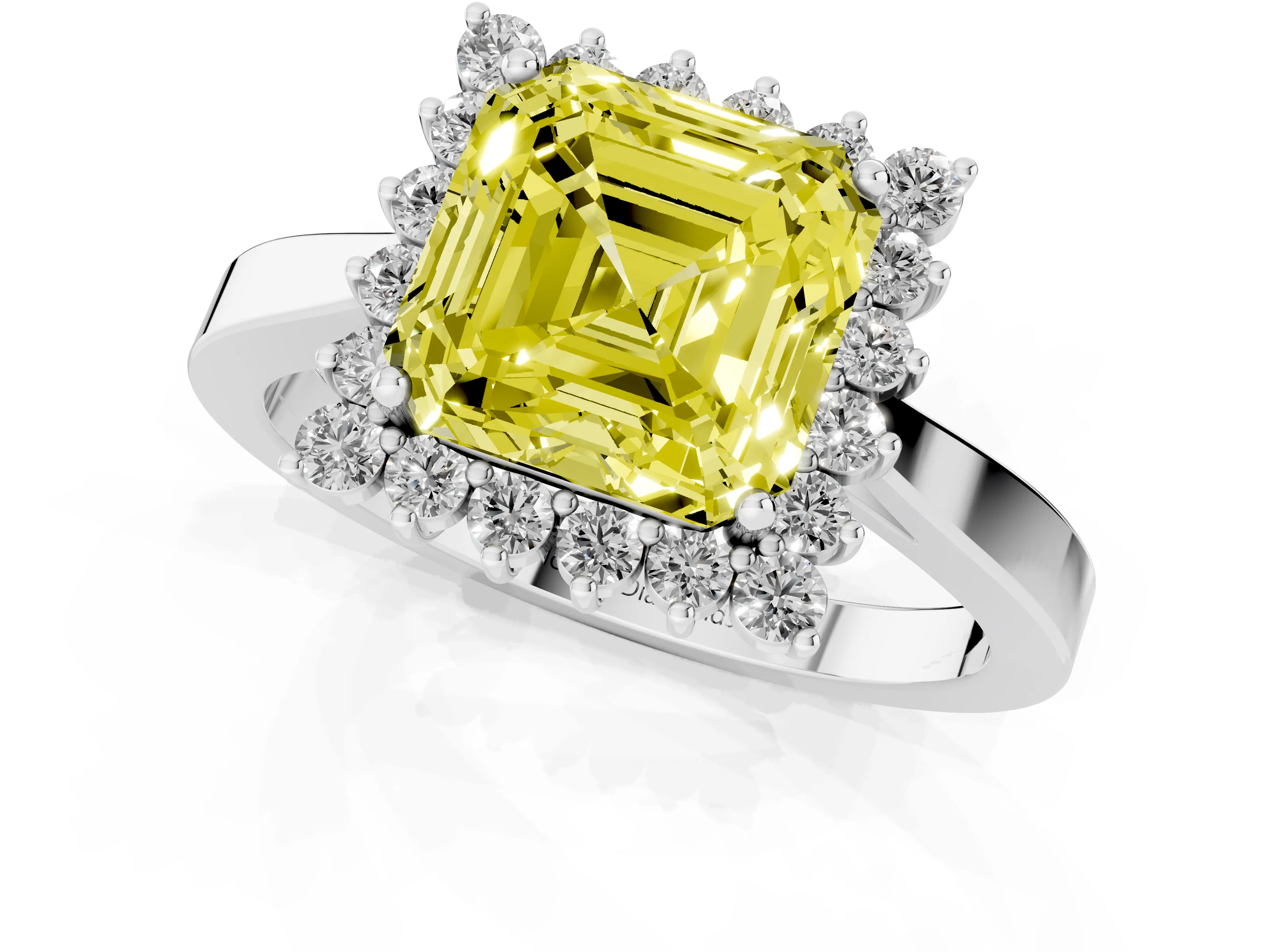 Fancy Yellow Asscher Cut Diamond Halo Ring Set in White gold with Round Halo and Smooth Solitaire Band