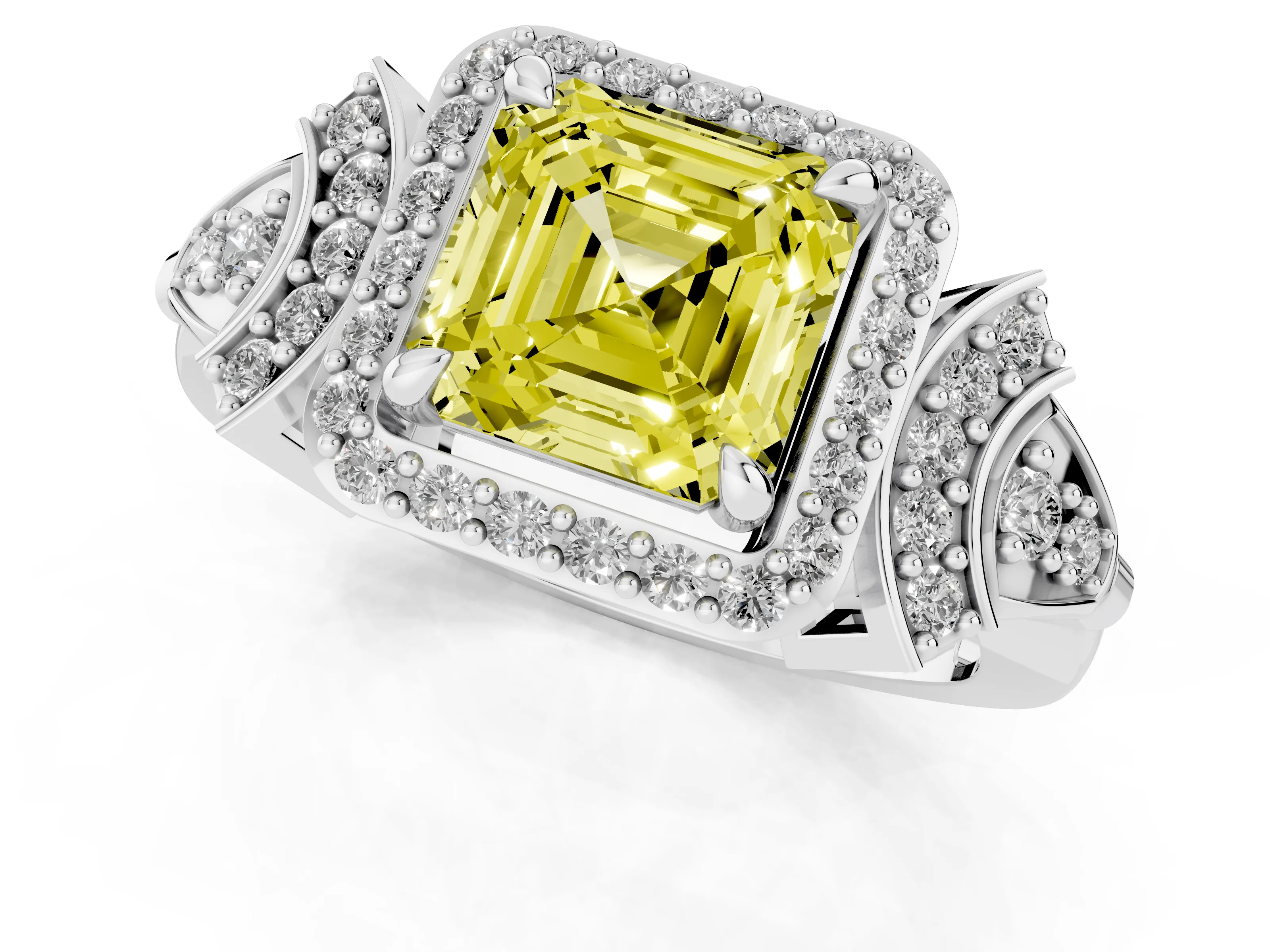 Fancy Yellow Asscher Cut Diamond Halo Engagement Ring Set in Platinum with Accent Stone Split Shank