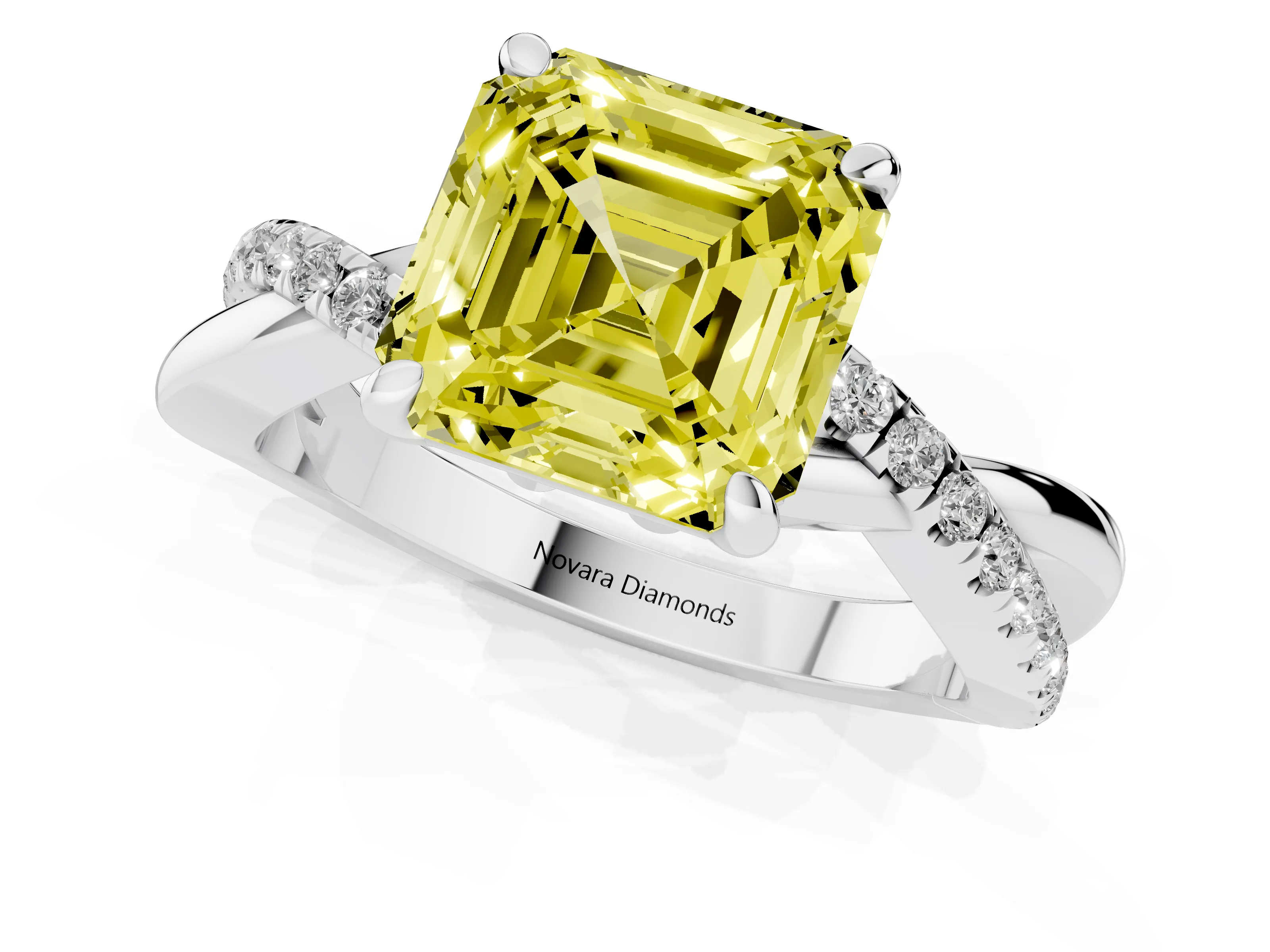Fancy Yellow Asscher Cut Diamond Twist Band Pavé Solitaire Ring Set in White gold with Prong Setting