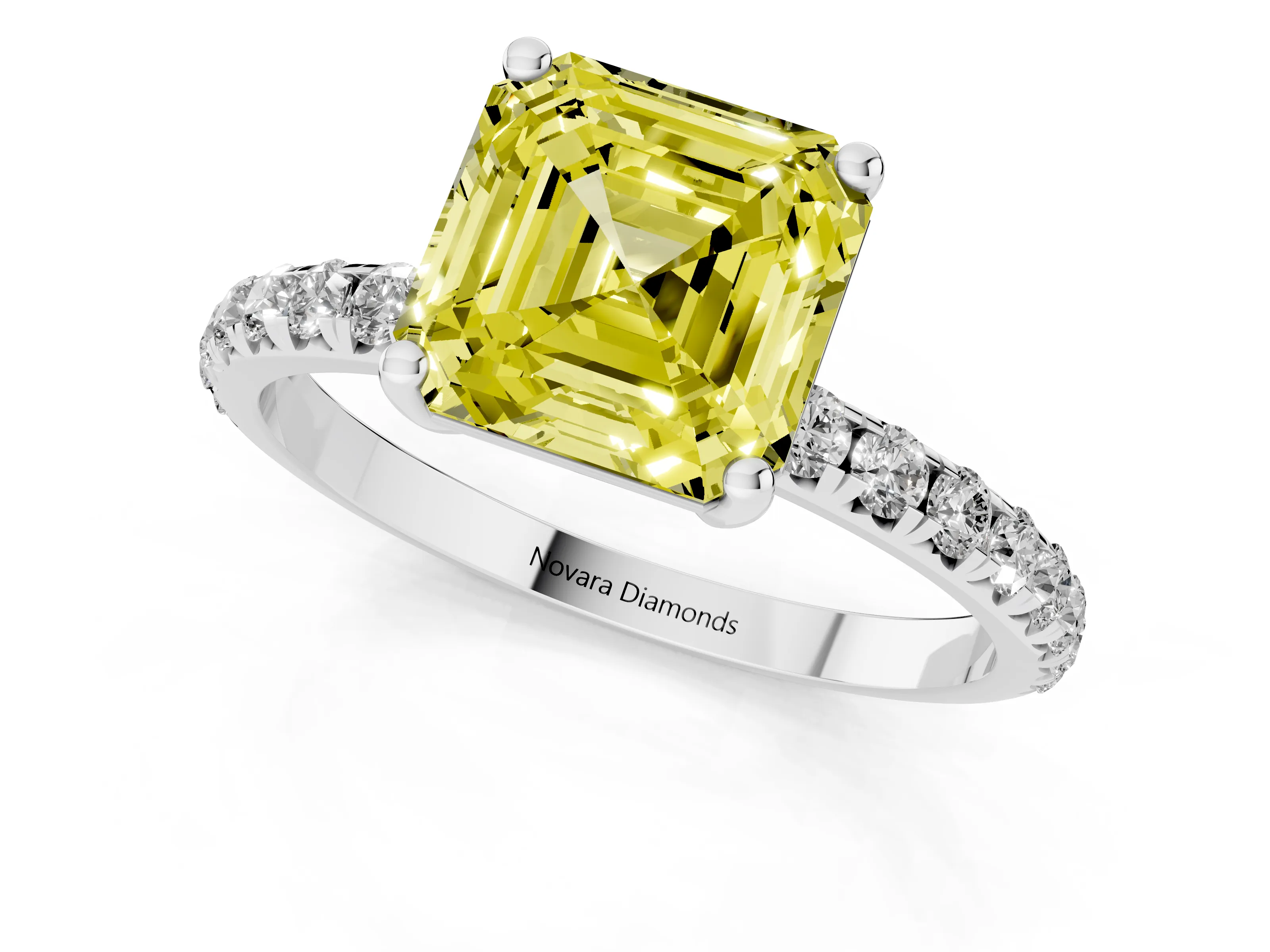 Fancy Yellow Asscher Cut Diamond Solitaire Ring Set in Silver with Micro Pavé Band and Prong Setting