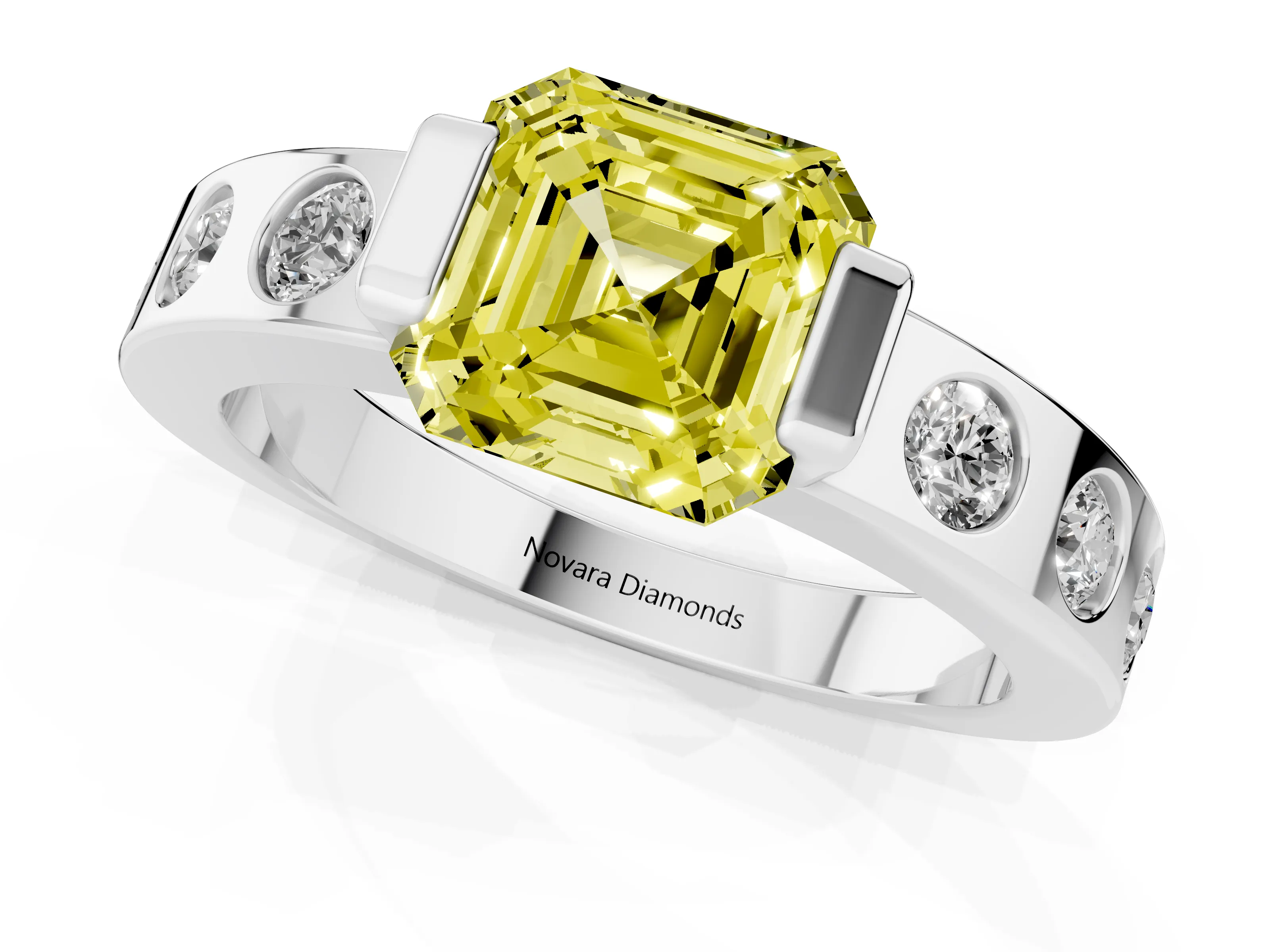 Fancy Yellow Asscher Cut Diamond Channel-Set Band Ring Set in Platinum with Bezel Prong Setting