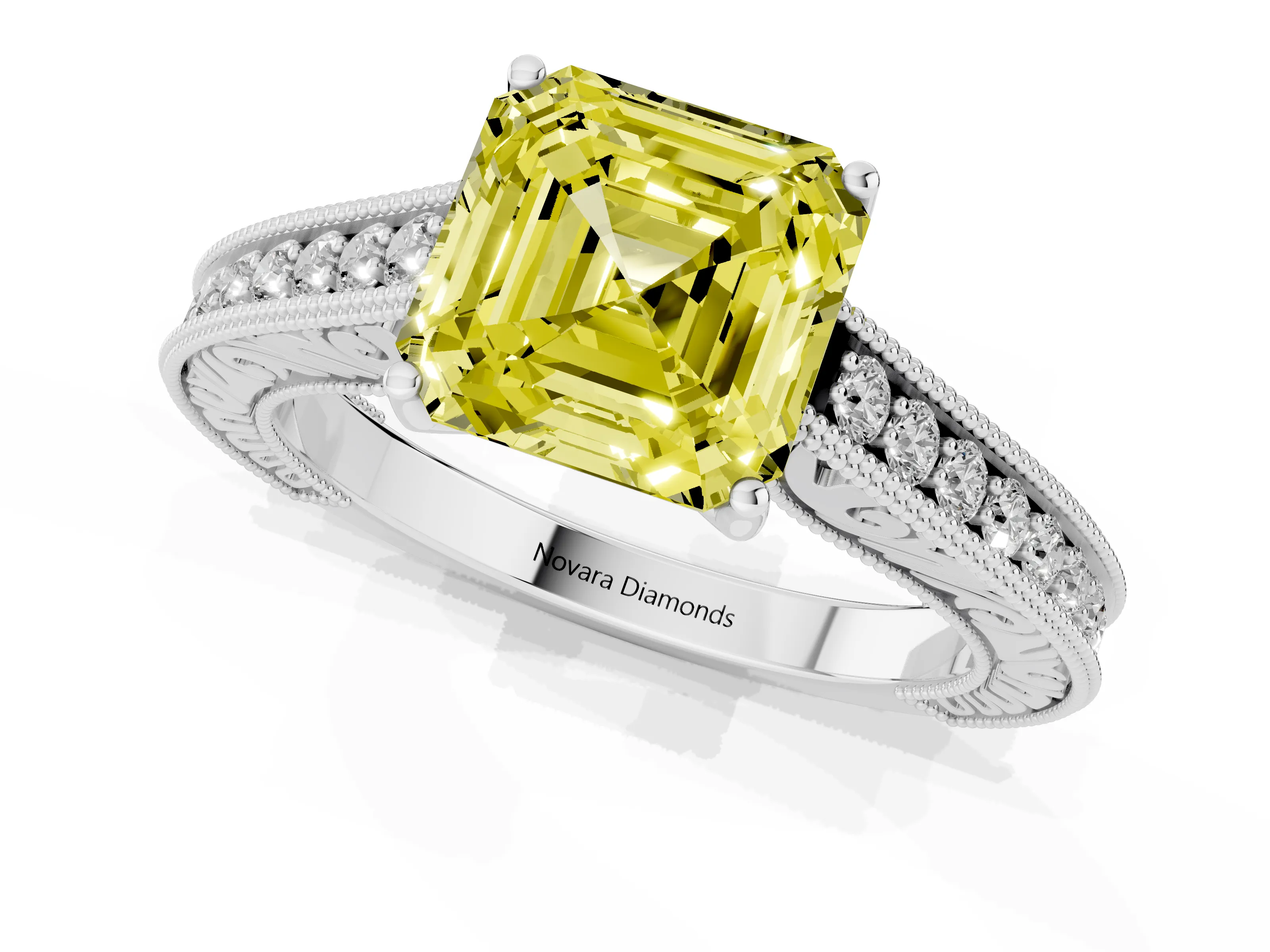 Fancy Yellow Asscher Cut Diamond Milgrain Pavé Band Solitaire Ring Set in Platinum with Prong Setting
