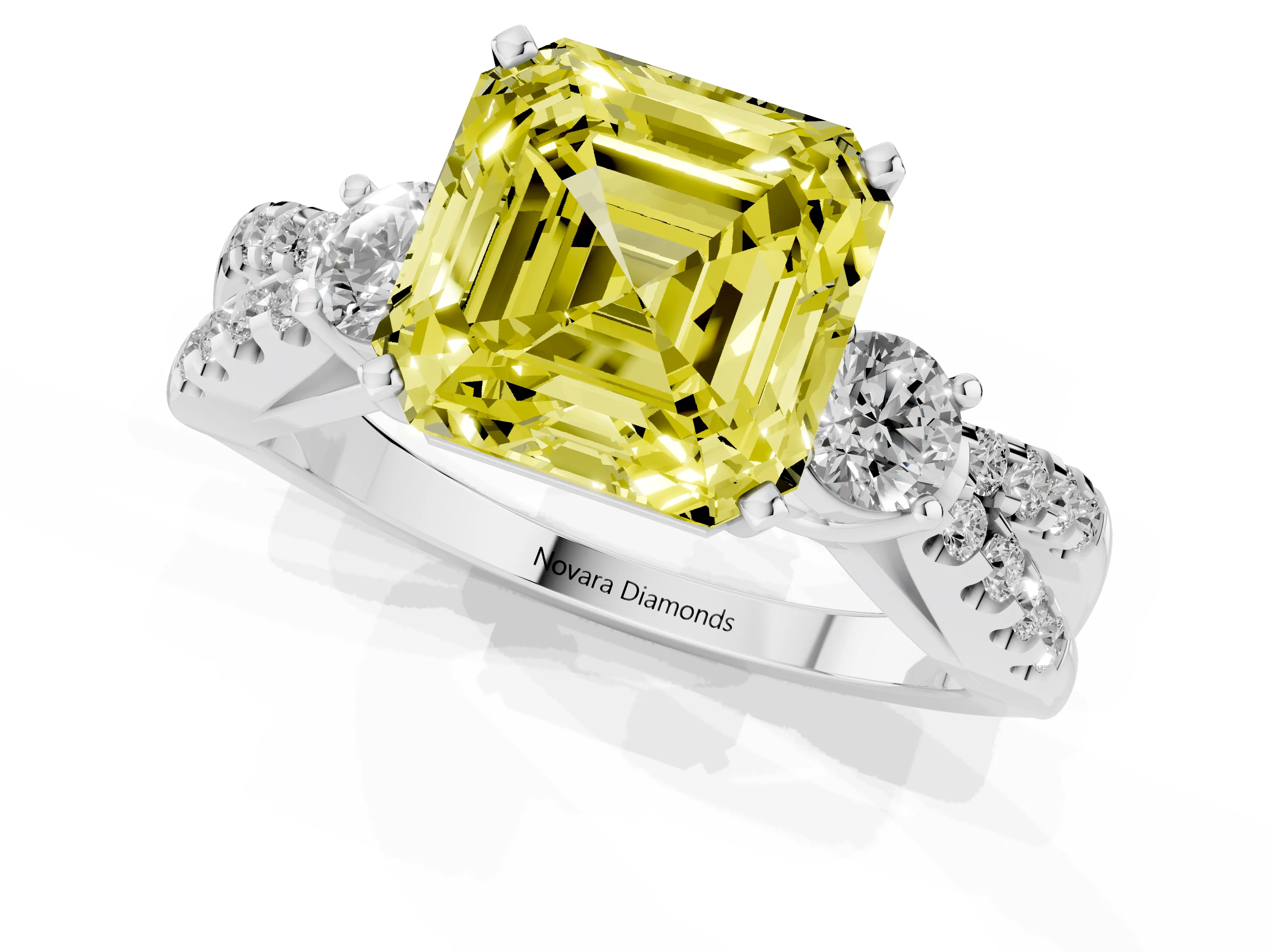 Fancy Yellow Asscher Cut Diamond Three-Stone Ring Set in Platinum with Pavé Split Shank and Prong Setting