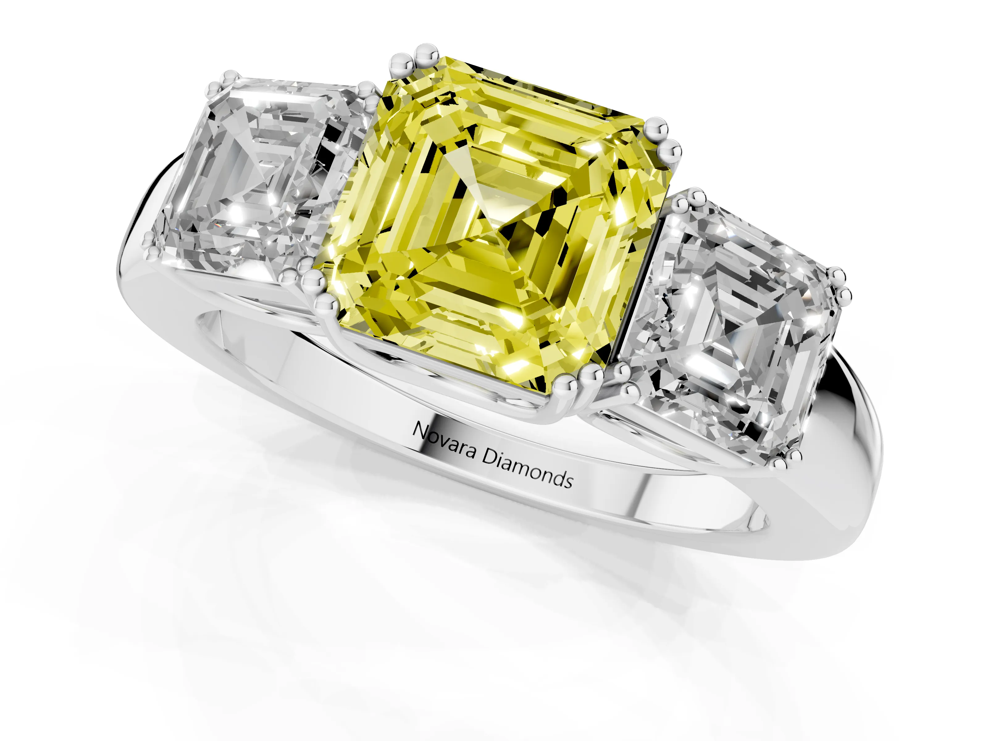 Fancy Yellow Asscher Cut Diamond Three-Stone Ring Set in Silver with Polished Band and Prong Setting
