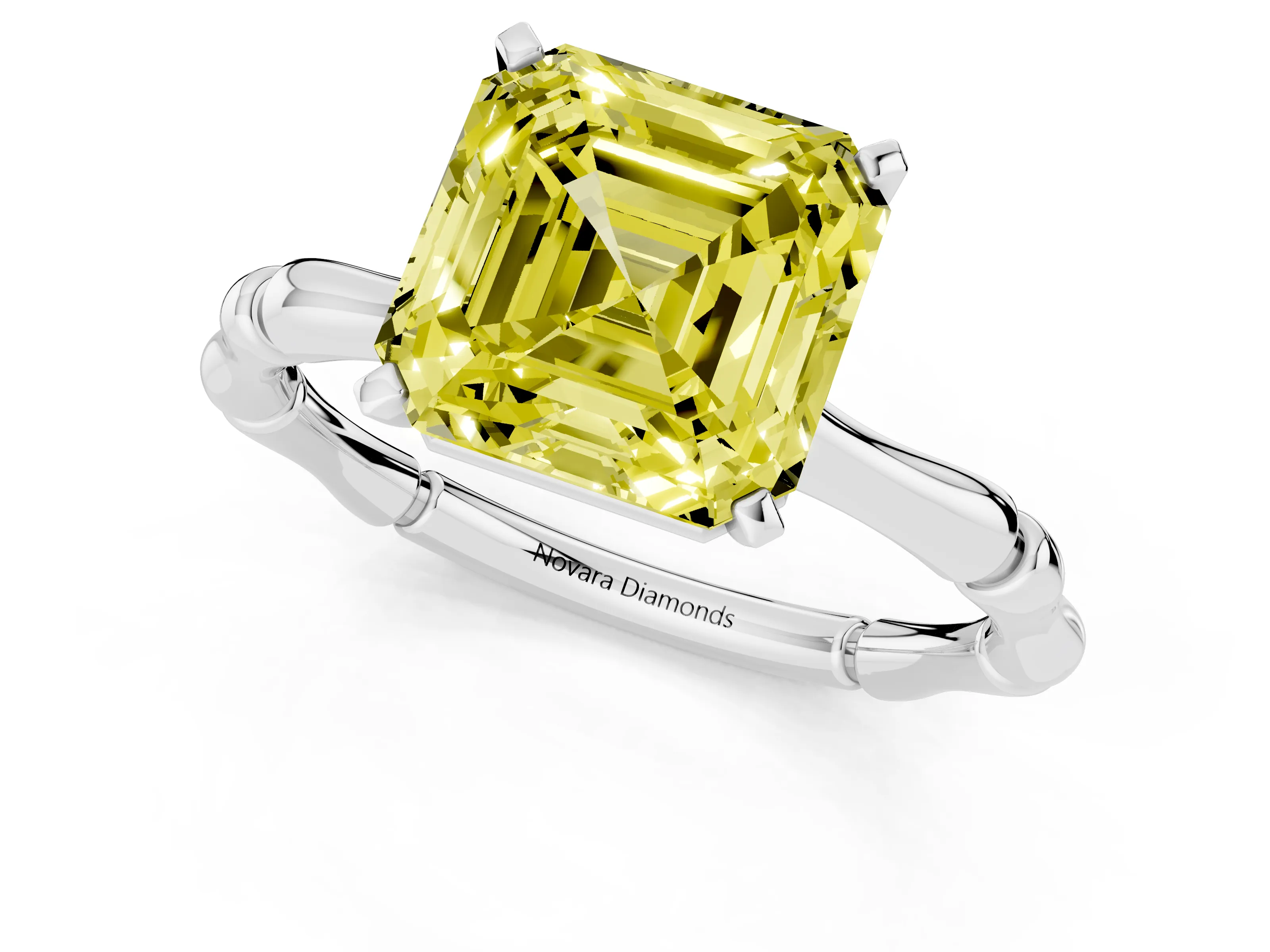 Fancy Yellow Asscher Cut Diamond Solitaire Ring Set in Platinum with Bamboo Band and Prong Setting