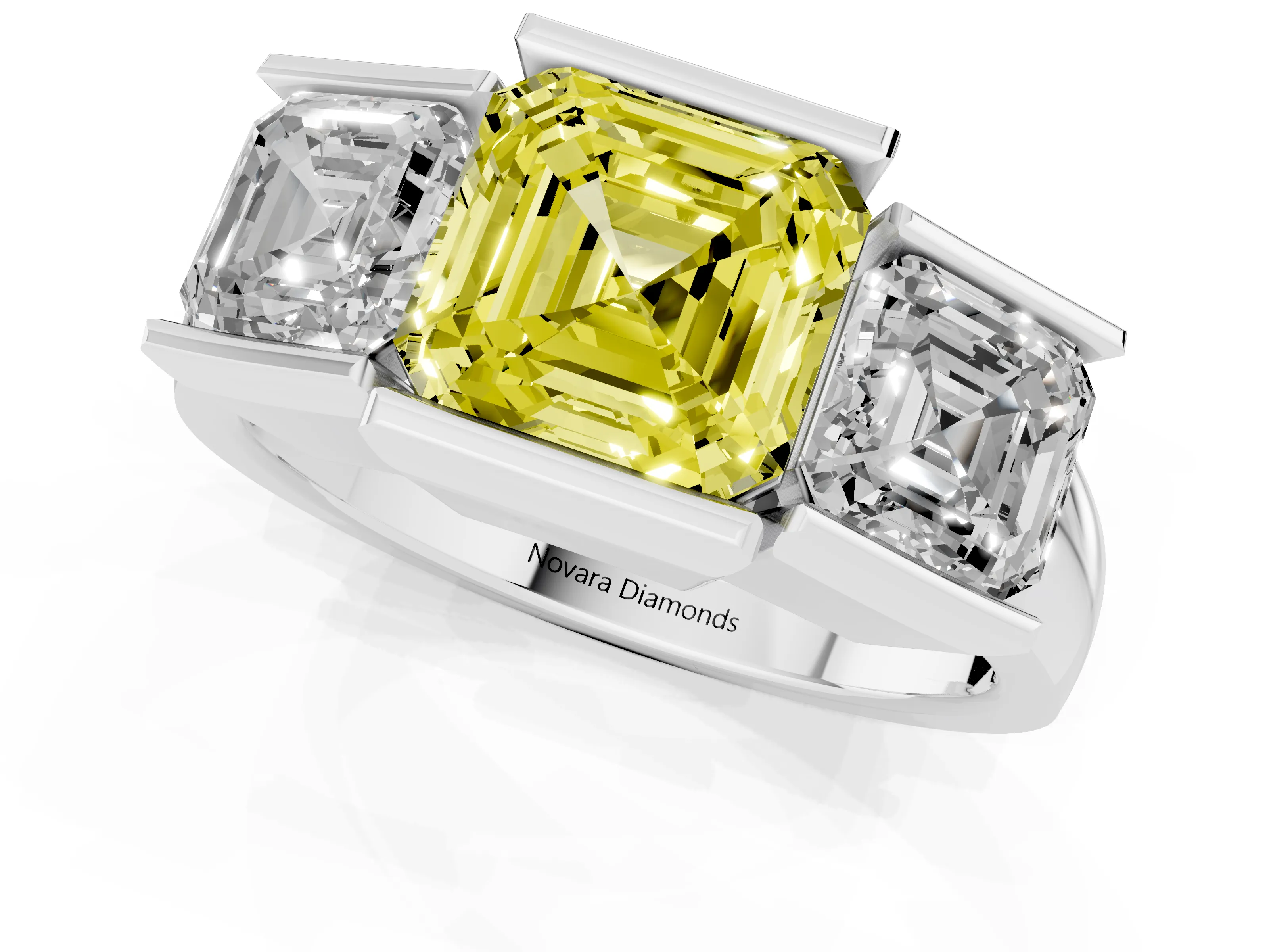 Fancy Yellow Asscher Cut Diamond Three-Stone Channel Set Ring Set in White gold with Smooth Polished Band