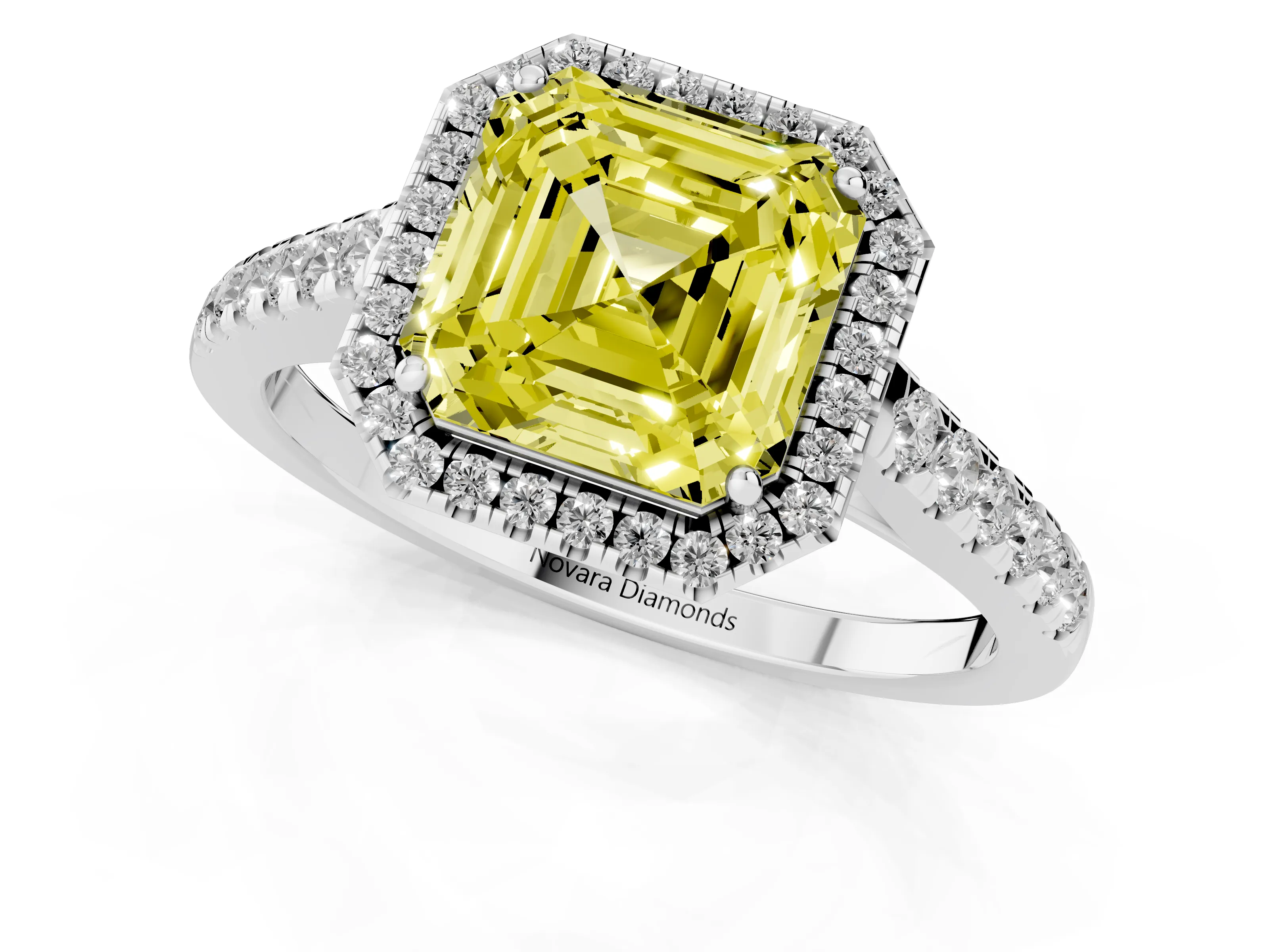 Fancy Yellow Asscher Cut Diamond Halo Pavé Engagement Ring Set in White gold with Prong Setting