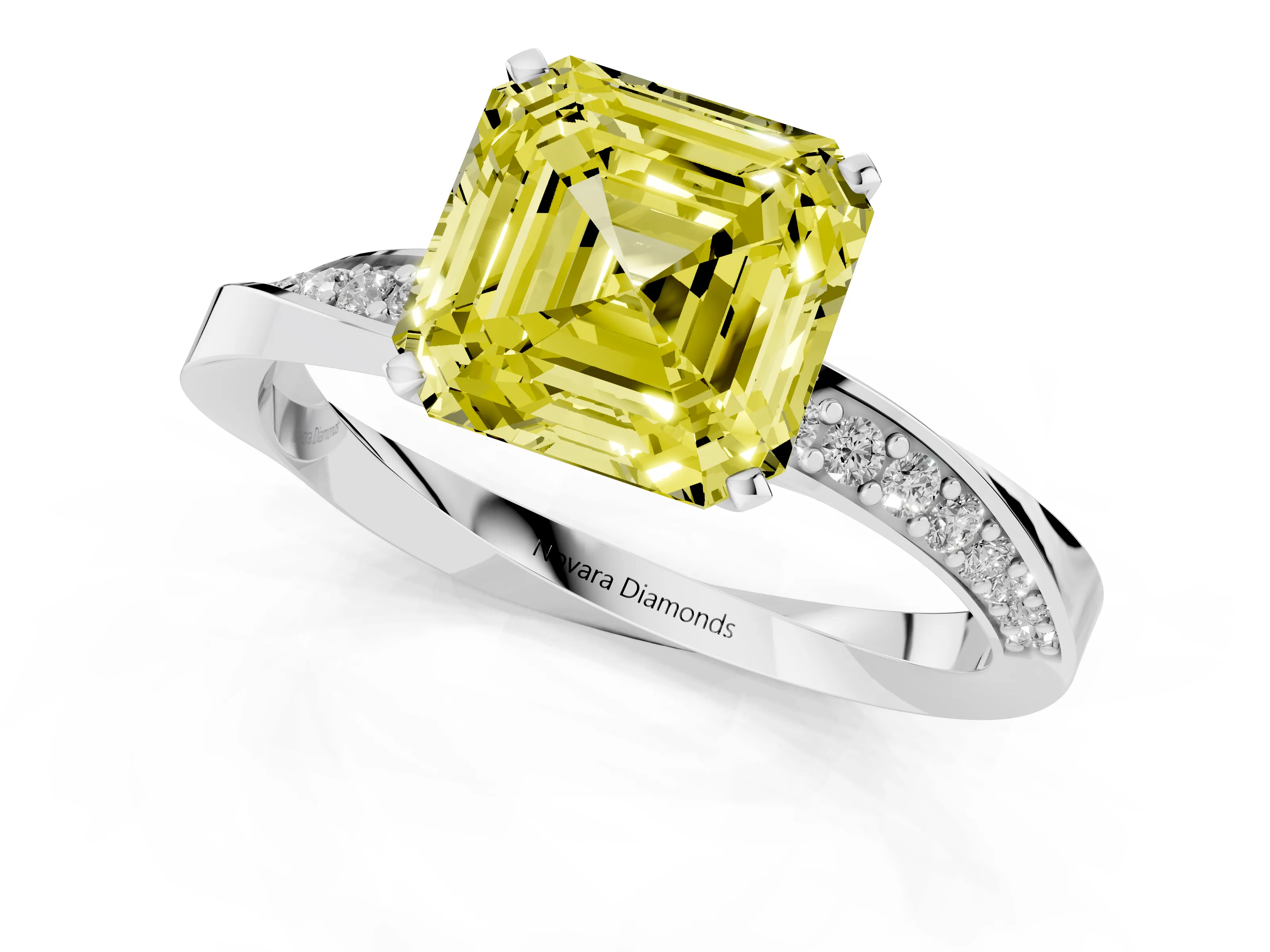 Fancy Yellow Asscher Cut Diamond Engagement Ring Set in White gold with Side Stone Accents and Prong Setting