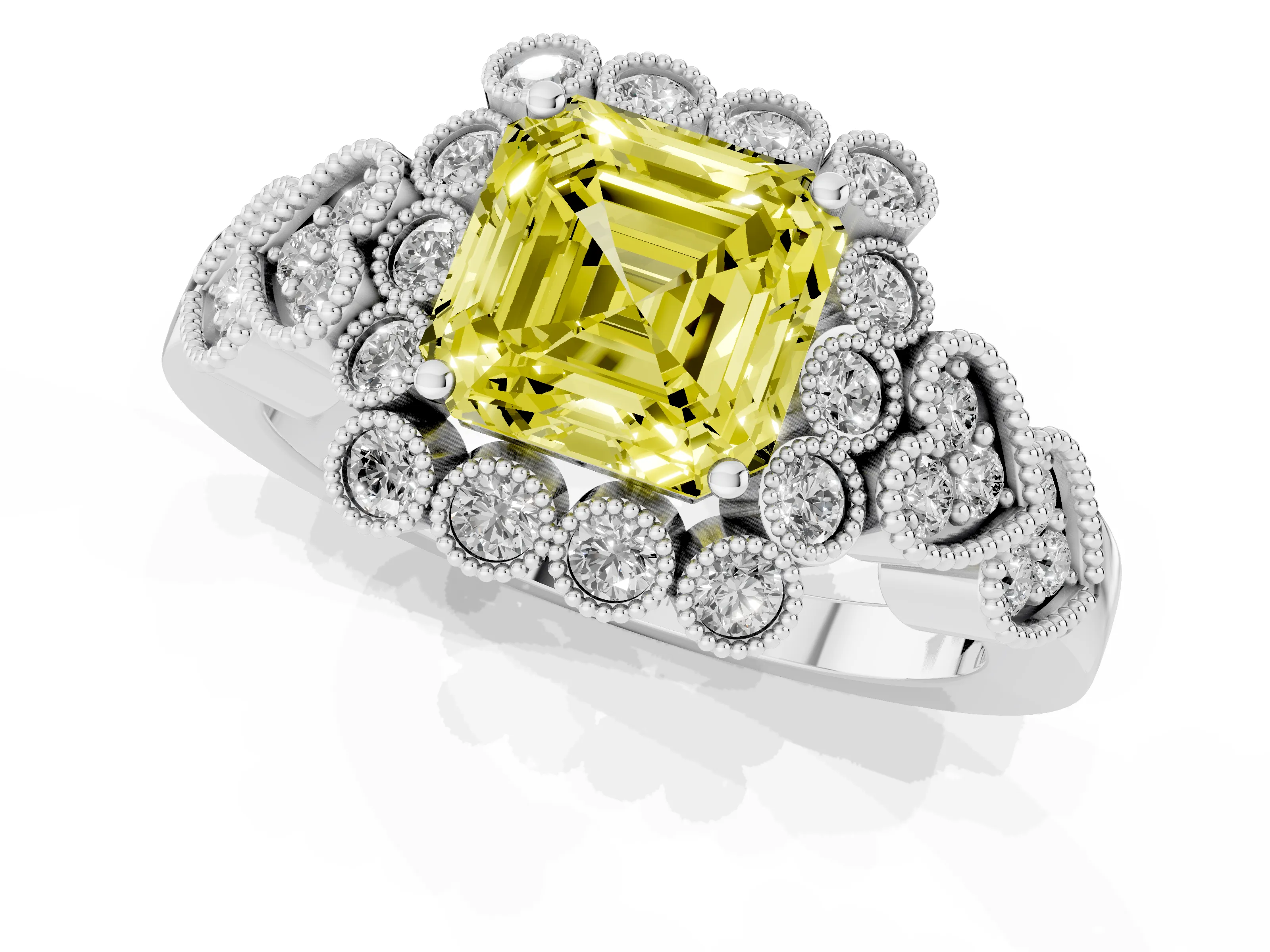 Fancy Yellow Asscher Cut Diamond Solitaire Ring Set in White gold with Milgrain Pavé Heart Band – second view