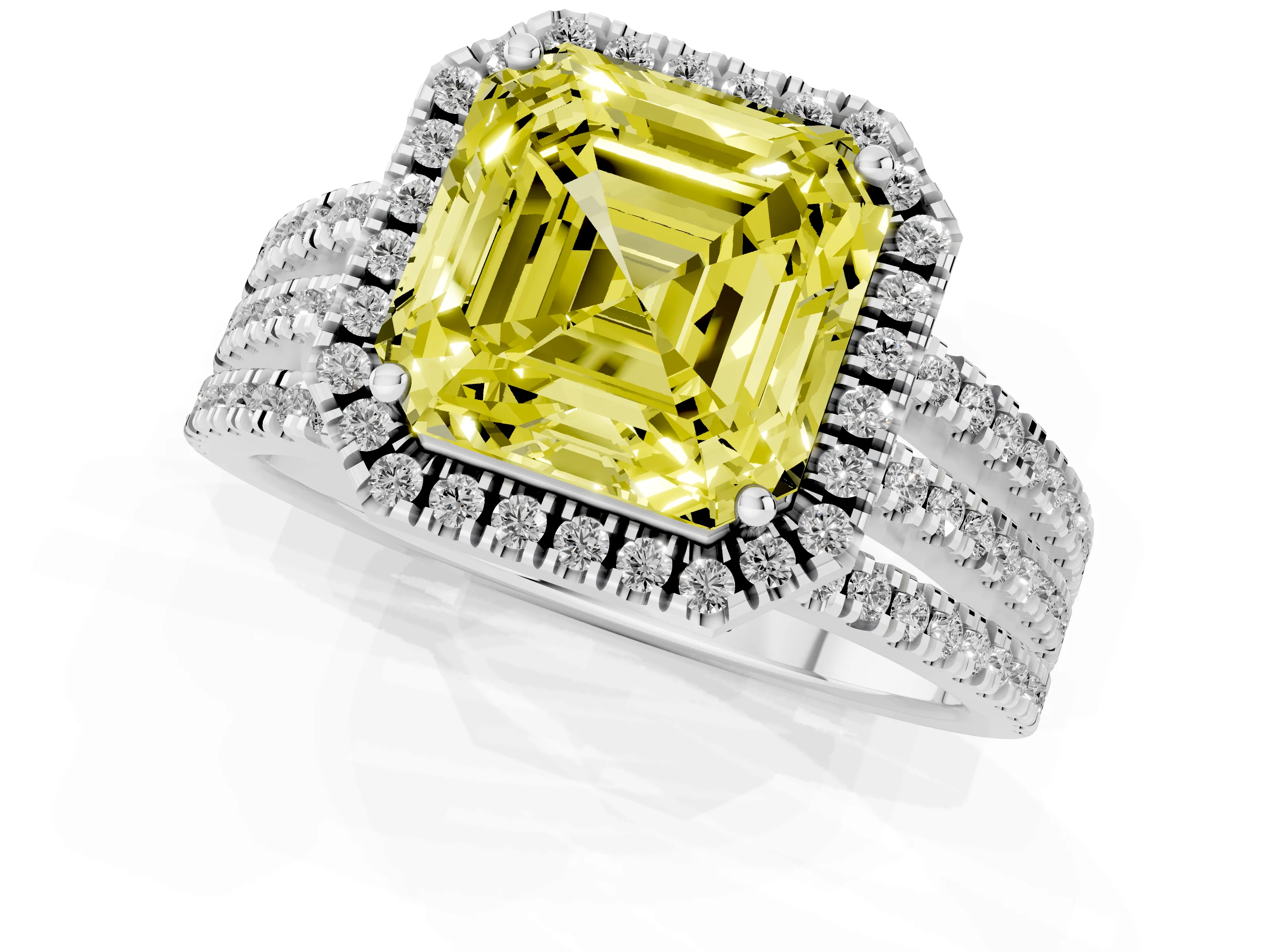 Fancy Yellow Asscher Cut Diamond Halo Split Shank Engagement Ring Set in Silver with Prong Setting