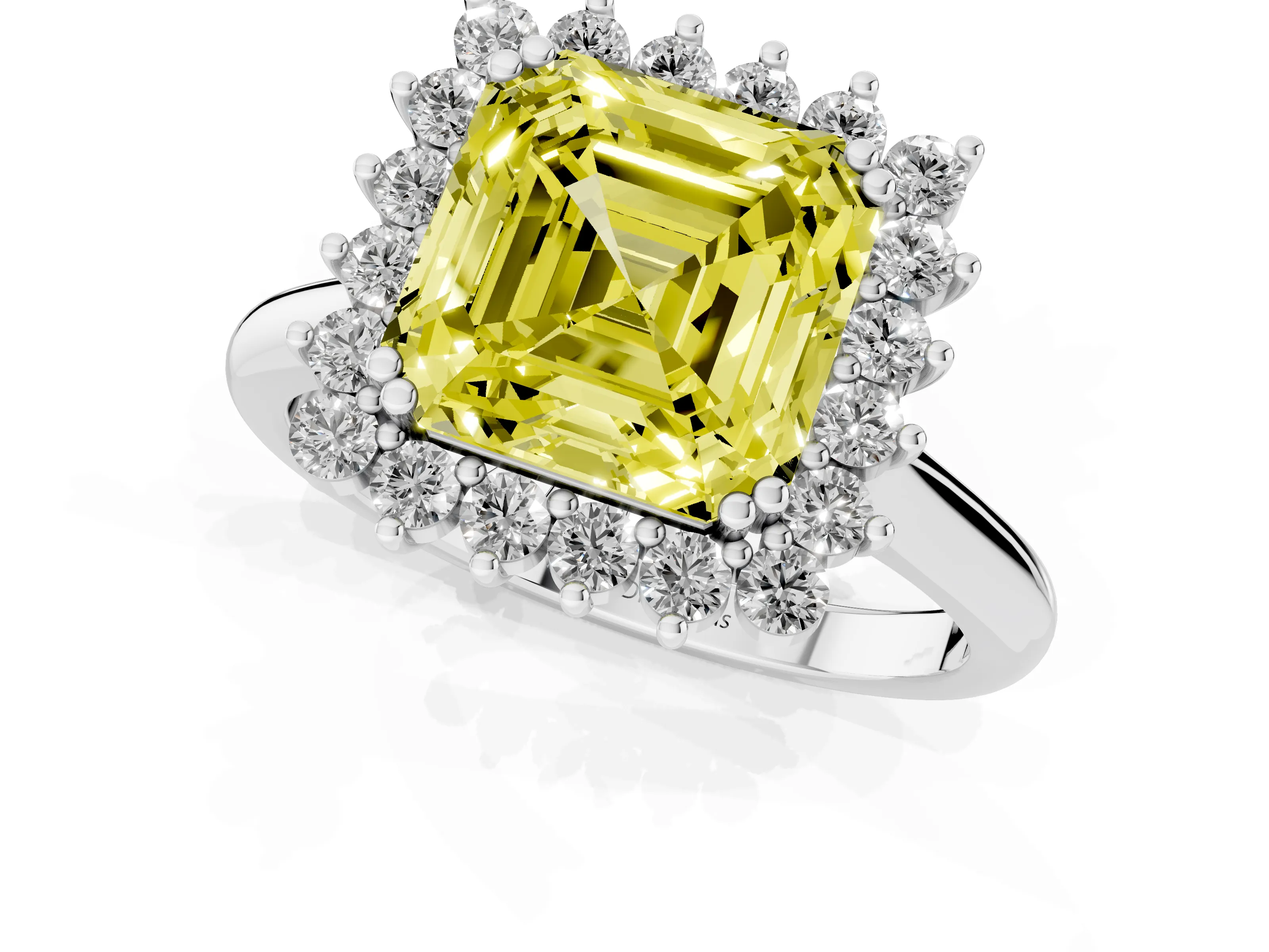Fancy Yellow Asscher Cut Diamond Halo Ring Set in Silver with Plain Solitaire Band and Prong Setting