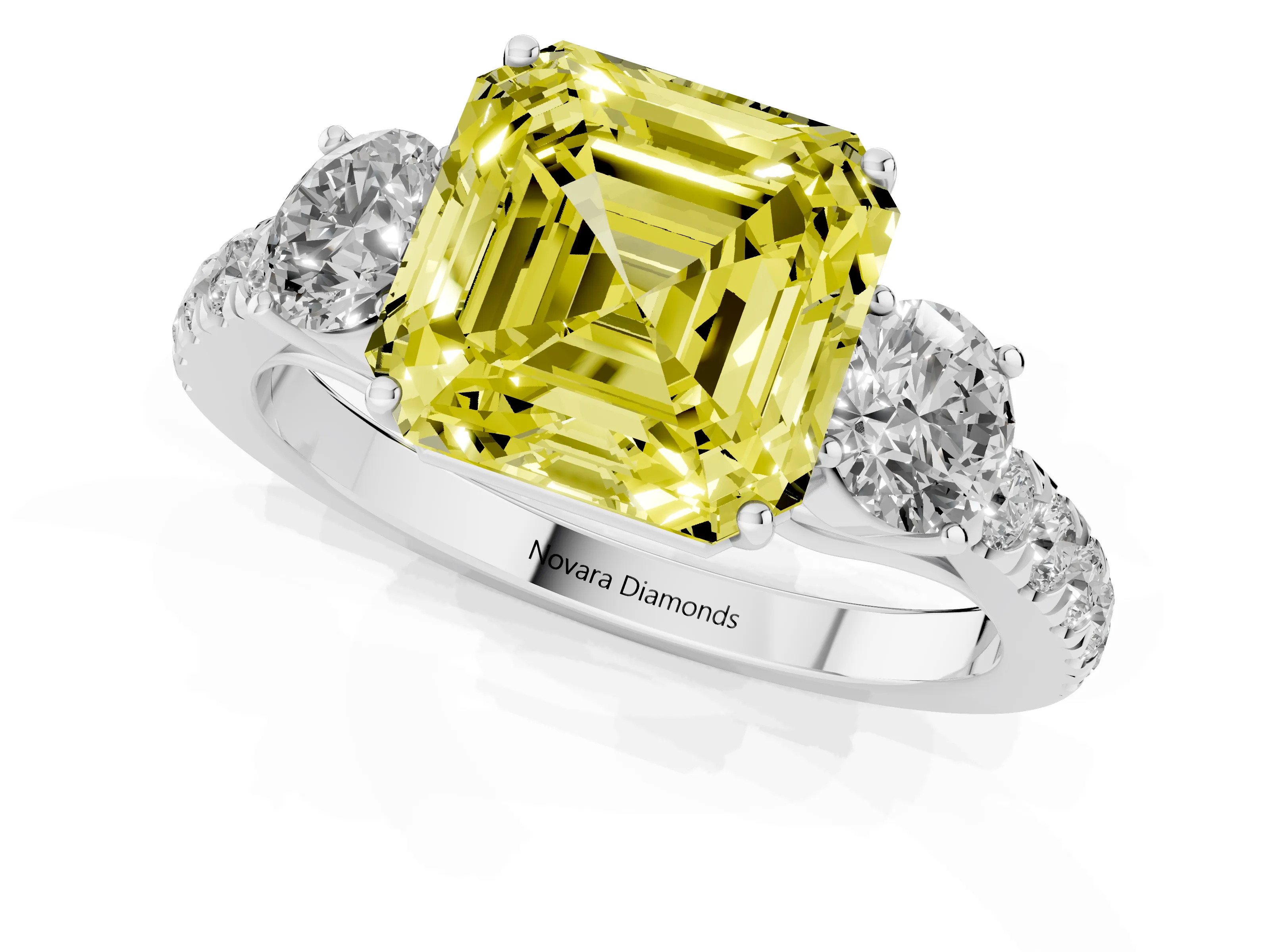 Fancy Yellow Asscher Cut Diamond Three-Stone Ring Set in Platinum with Round Side Stones and Delicate Pavé Band