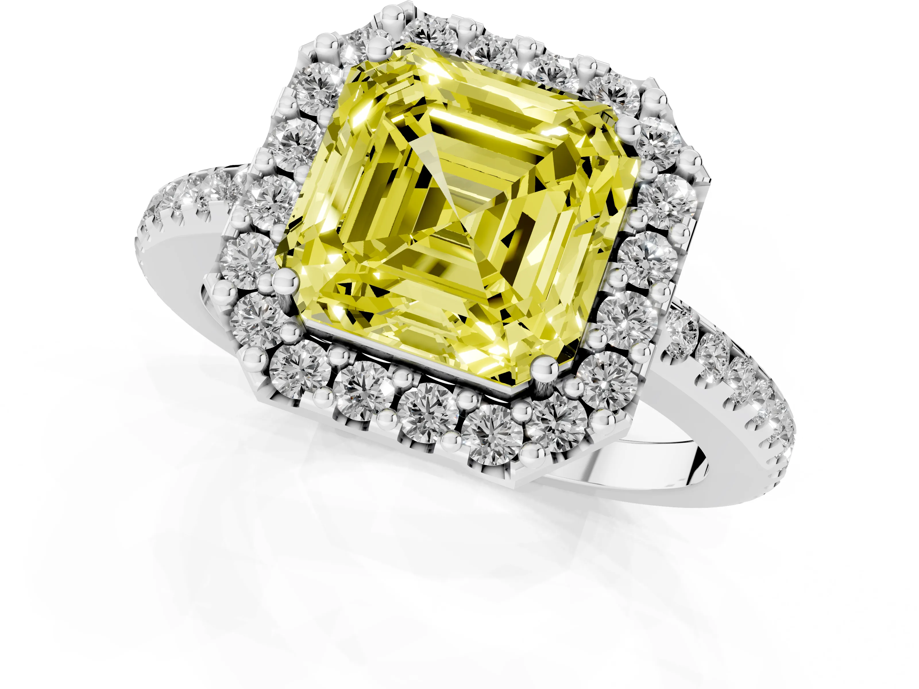 Fancy Yellow Asscher Cut Diamond Pavé Halo Ring Set in Platinum with Prong Setting