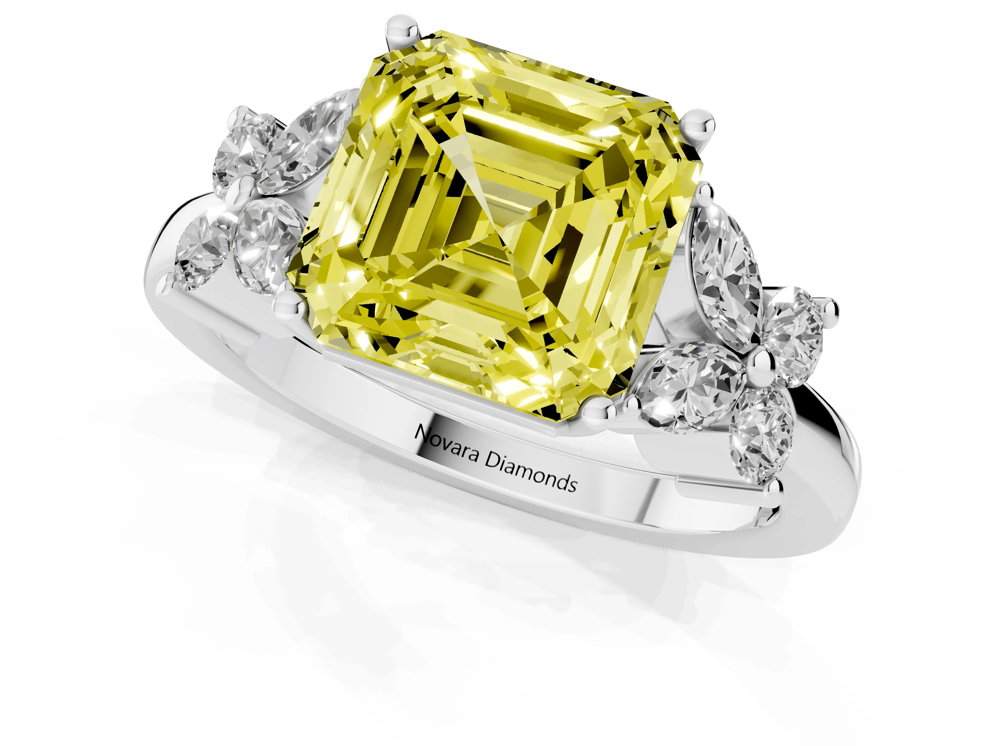 Fancy Yellow Asscher Cut Diamond Floral Cluster Ring Set in Platinum with Marquise Petals and Prong Setting