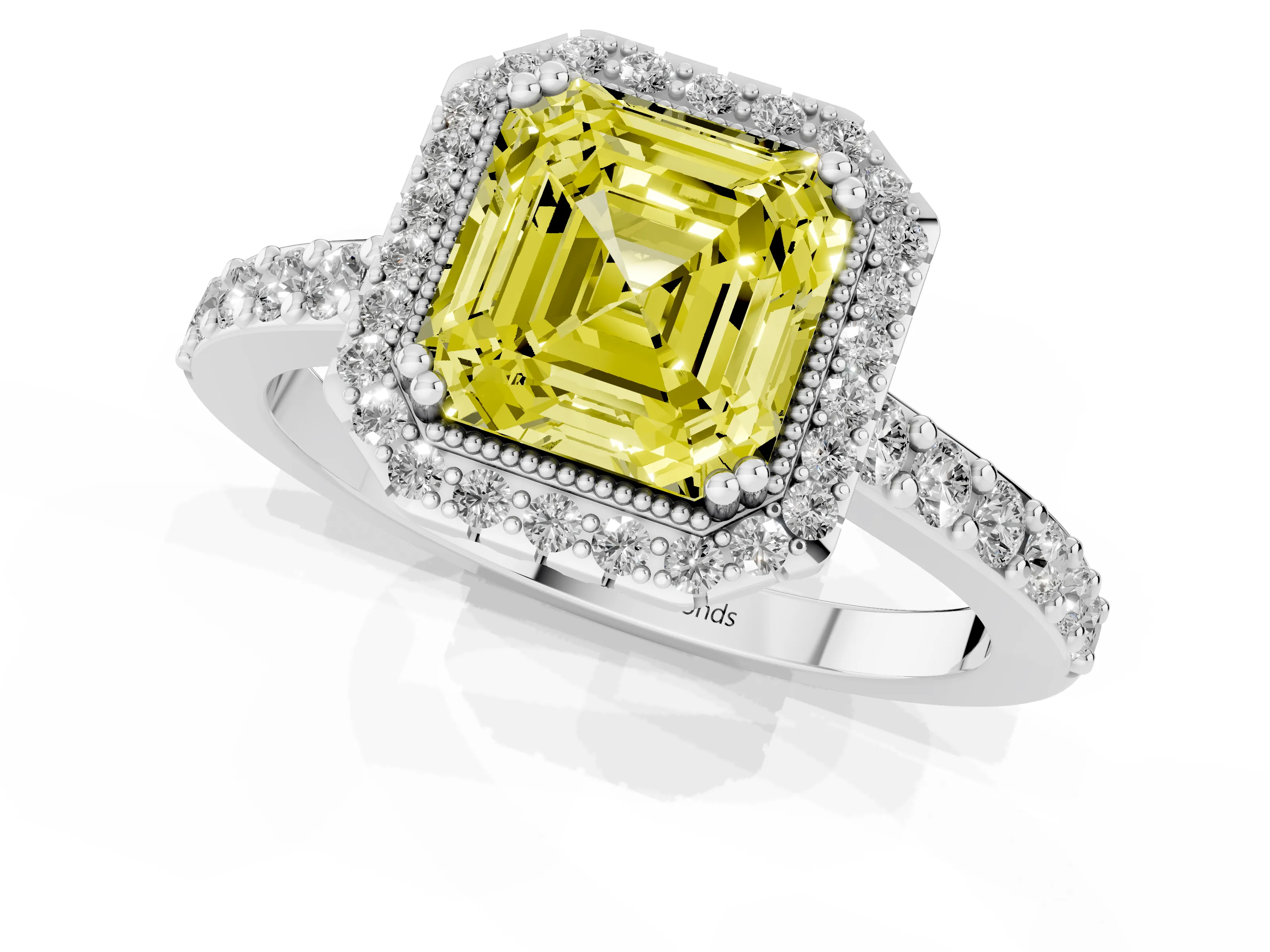 Fancy Yellow Asscher Cut Diamond Halo Engagement Ring Set in White gold with Milgrain Detail and Pavé Band